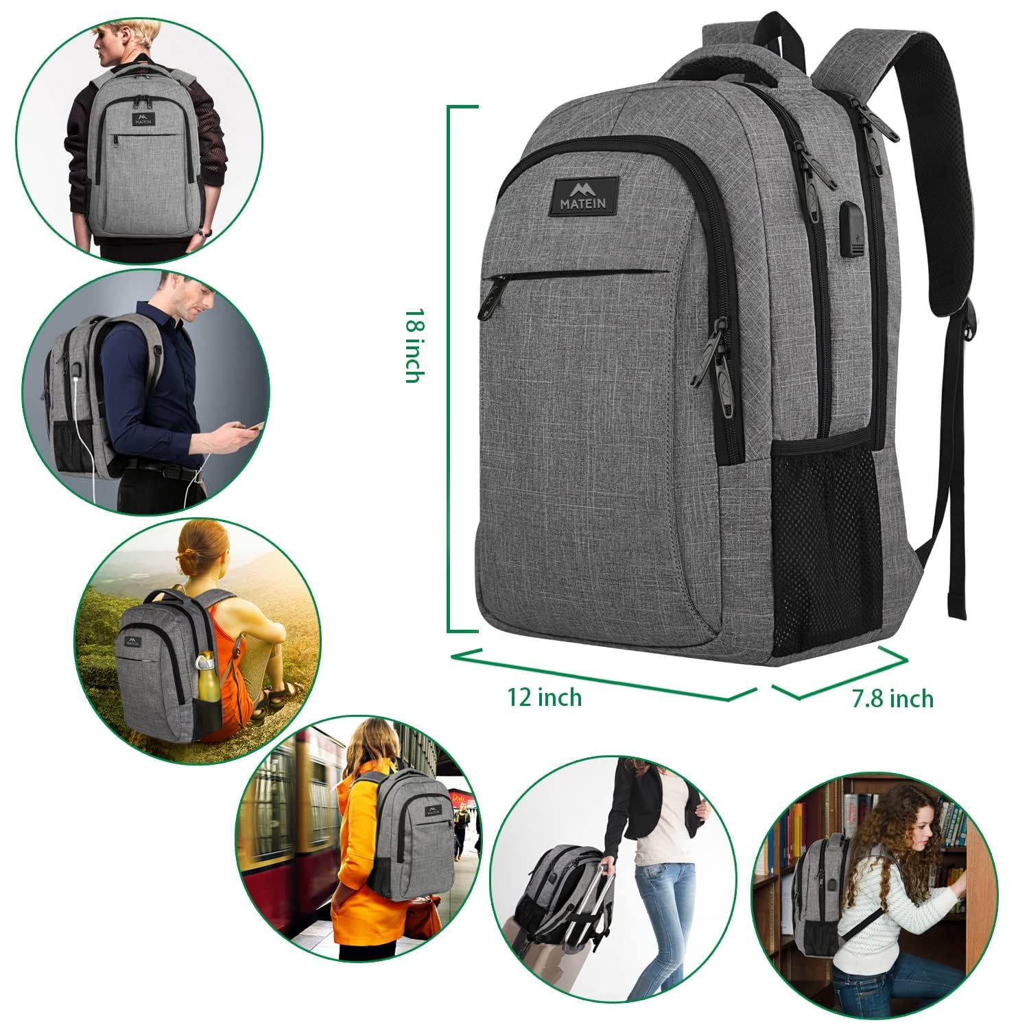 Matein Slim Anti-Theft Travel Laptop Backpack with USB Charging – Water-Resistant 15.6″ Business & Daily Carry (Grey)