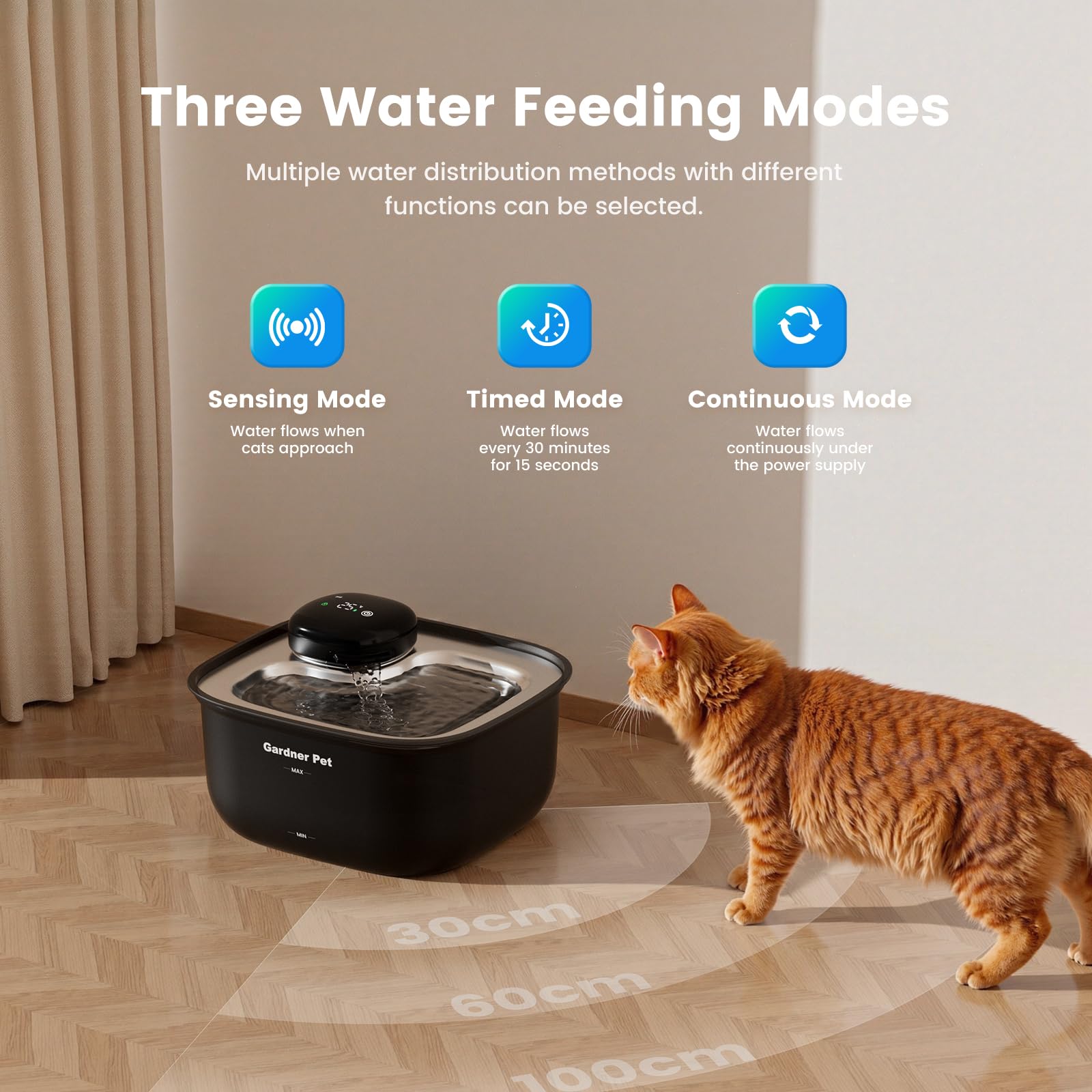 Cordless 5000mAh Cat Water Fountain with Stainless Steel Tray – 3 Flow Modes & 30-Day Battery (Black)