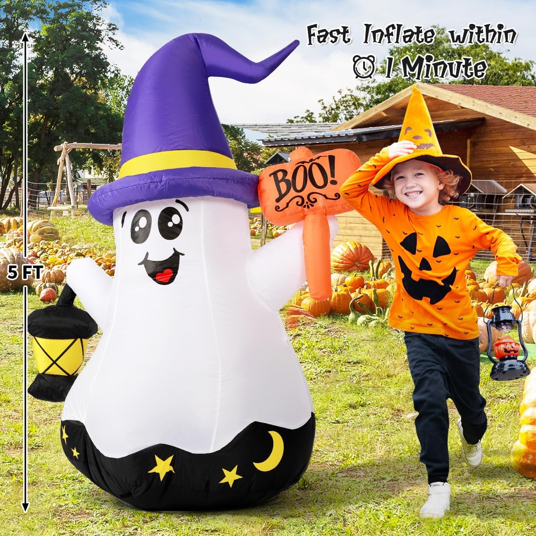 5-Foot White Wizard Ghost Inflatable – Halloween Outdoor Decoration with LED Lights & Fast Inflation (DJ-WS-69073)