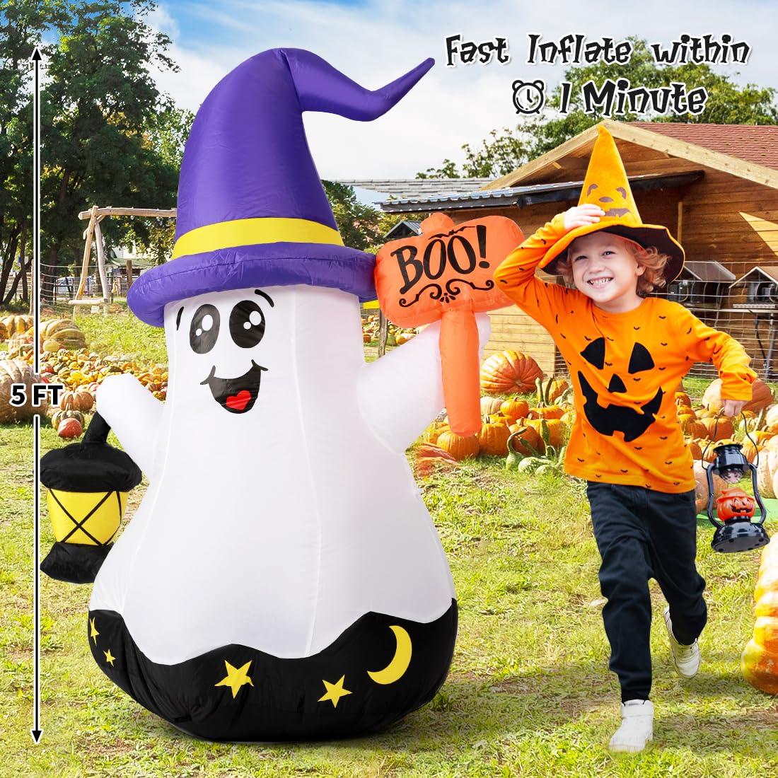 5-Foot White Wizard Ghost Inflatable – Halloween Outdoor Decoration with LED Lights & Fast Inflation (DJ-WS-69073)