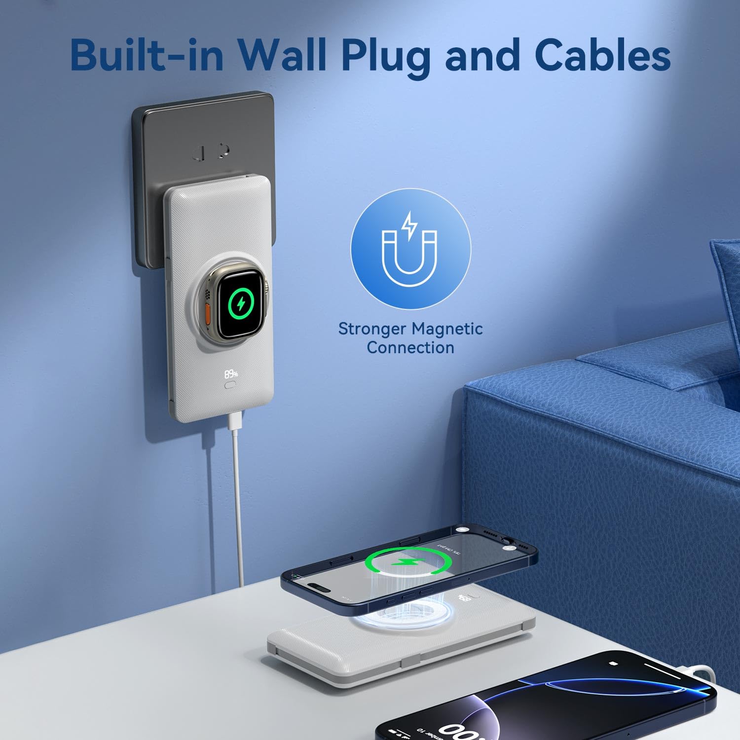 Magnetic Wireless Power Bank for iPhone & Apple Watch – 10000mAh Portable Charger with Built-in Cables & Wall Plug (White)