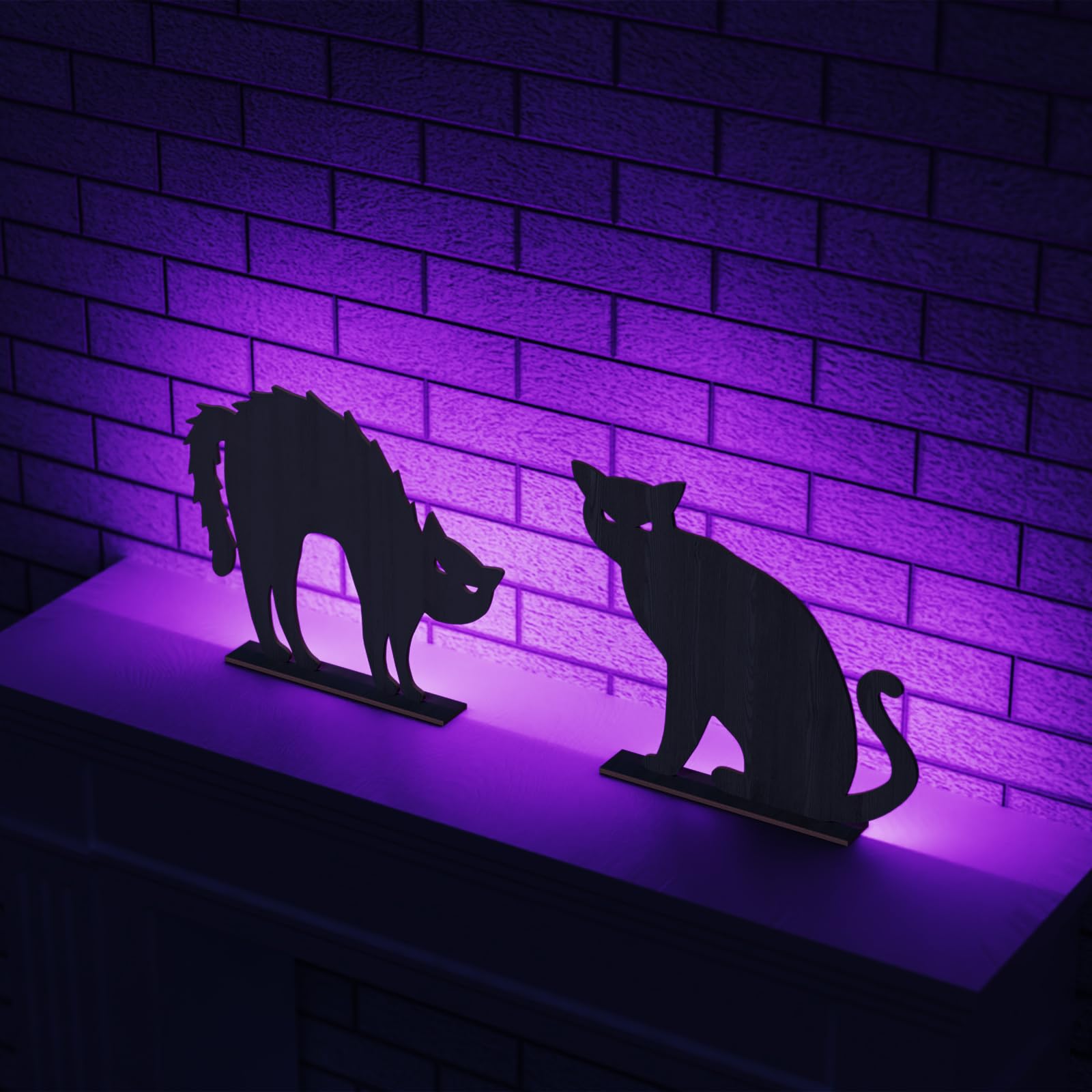 2PCS Halloween Black Cat Wooden Decorations with Purple LED Lights – Spooky Tabletop Décor for Indoor & Outdoor Displays