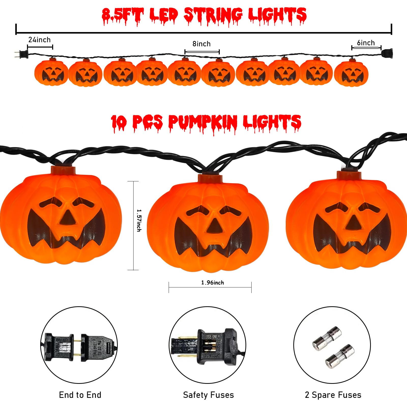8.5FT Halloween Pumpkin Bat String Lights – 10 Orange Lanterns with Warm Glow & End-to-End Connection