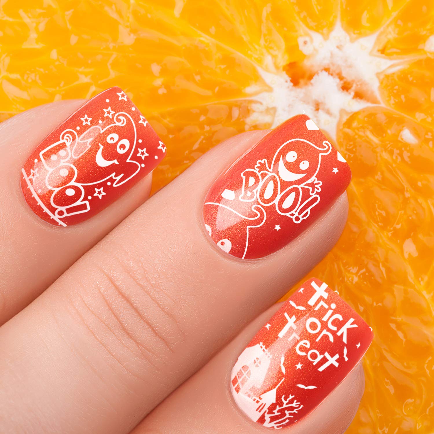 Halloween Nail Art Stamping Plates – 4pcs Stainless Steel Templates with Pumpkins, Bats, Spiders & Witch Patterns