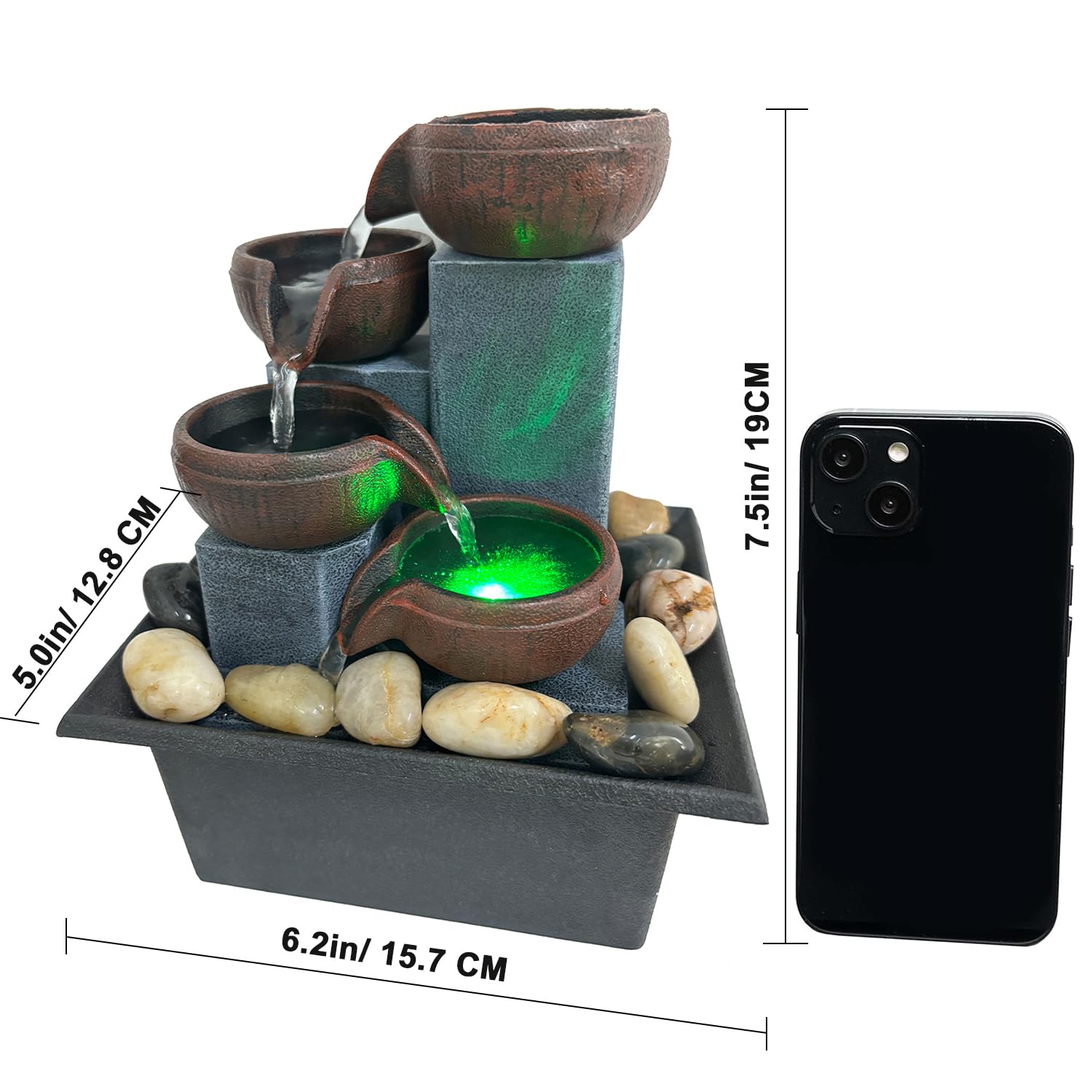 LED Mini Desktop Waterfall Fountain with Natural River Stones & ON/OFF Switch – Style 1