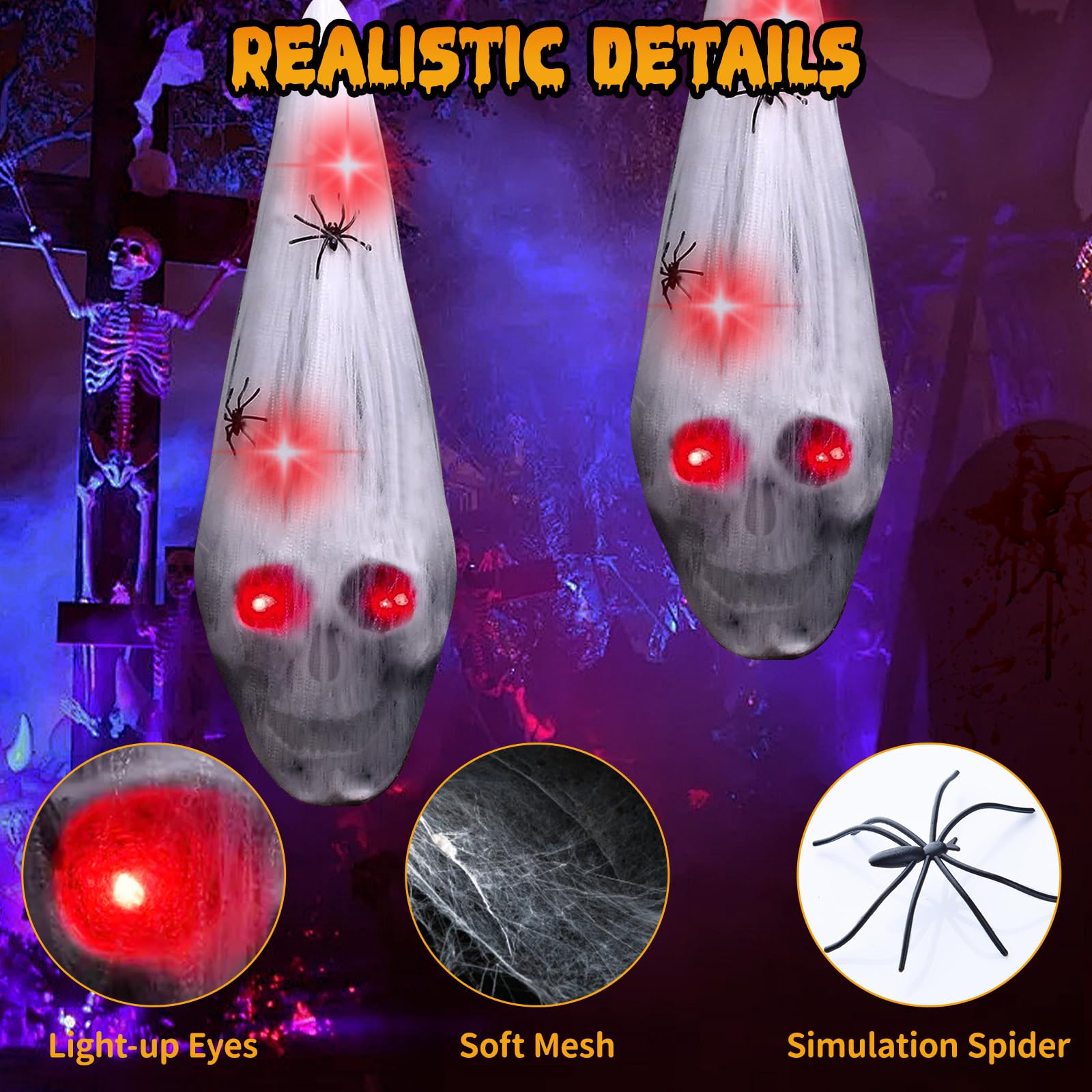 2-Pack Hanging Skull Halloween Decorations with Creepy Spiders & LED Light-Up Eyes – Outdoor & Indoor Haunted Décor