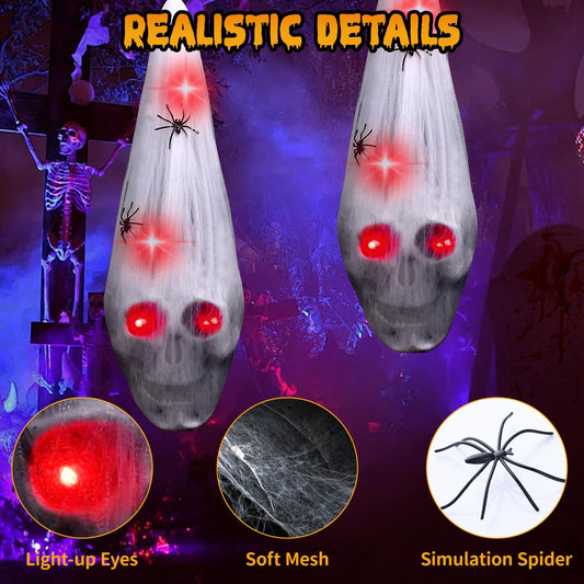2-Pack Hanging Skull Halloween Decorations with Creepy Spiders & LED Light-Up Eyes – Outdoor & Indoor Haunted Décor