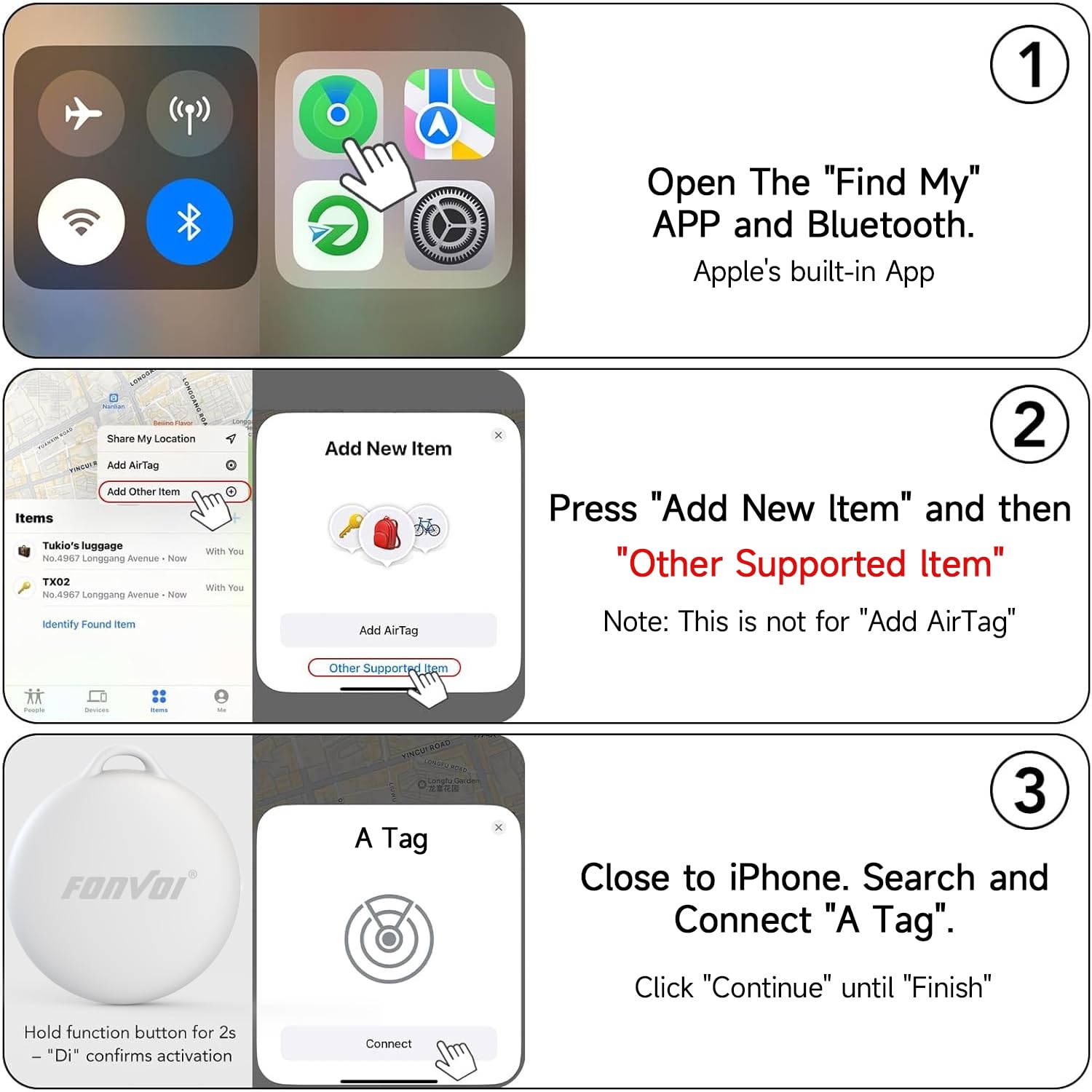 FONVOi Bluetooth Tracker Tag 4 Pack, Apple Find My Compatible Smart Item Locator with Loud Alarm and Replaceable Battery