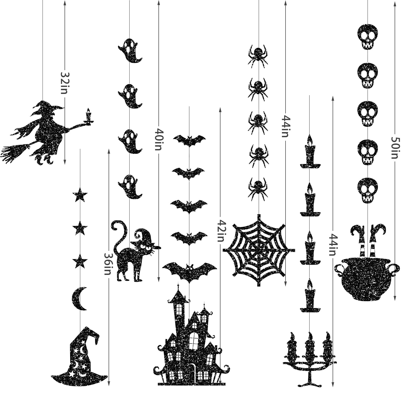 7PCS Glitter Black Halloween Garlands – Pre-Strung Hanging Decorations with Spiders, Bats & Witches