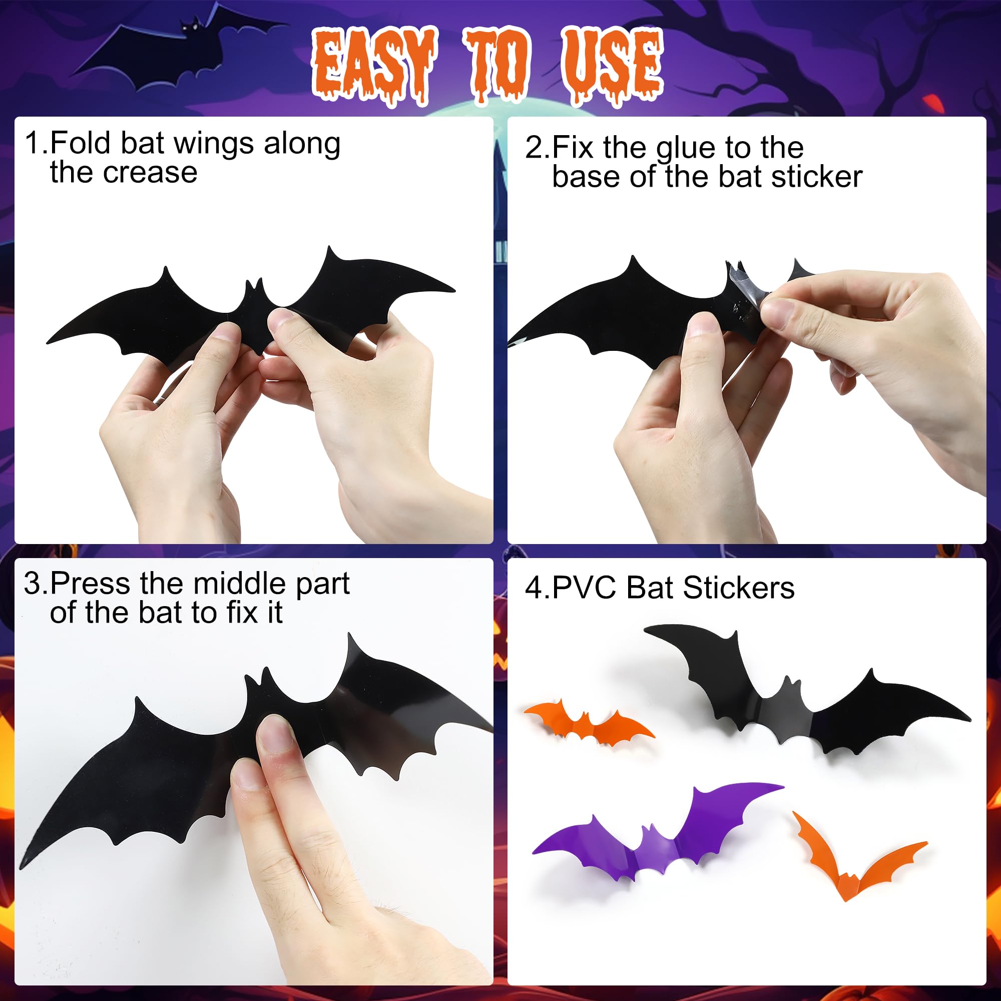 Halloween 3D Bat Wall Decals – 100 PCS Waterproof PVC Bats in Orange, Purple & Black (5 Sizes)