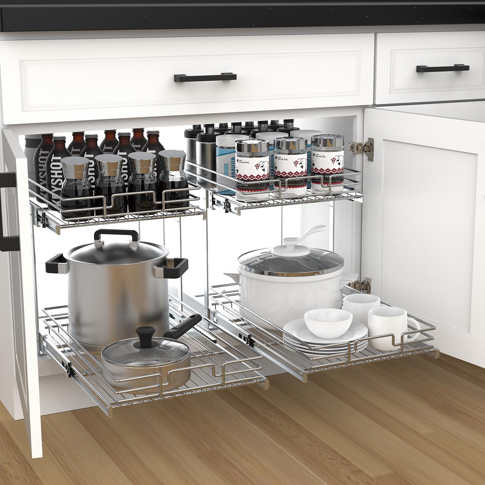 2-Tier Chrome Pull-Out Cabinet Organizer – Heavy-Duty Adjustable Slide-Out Shelves for Base Cabinets (No Door Mount)