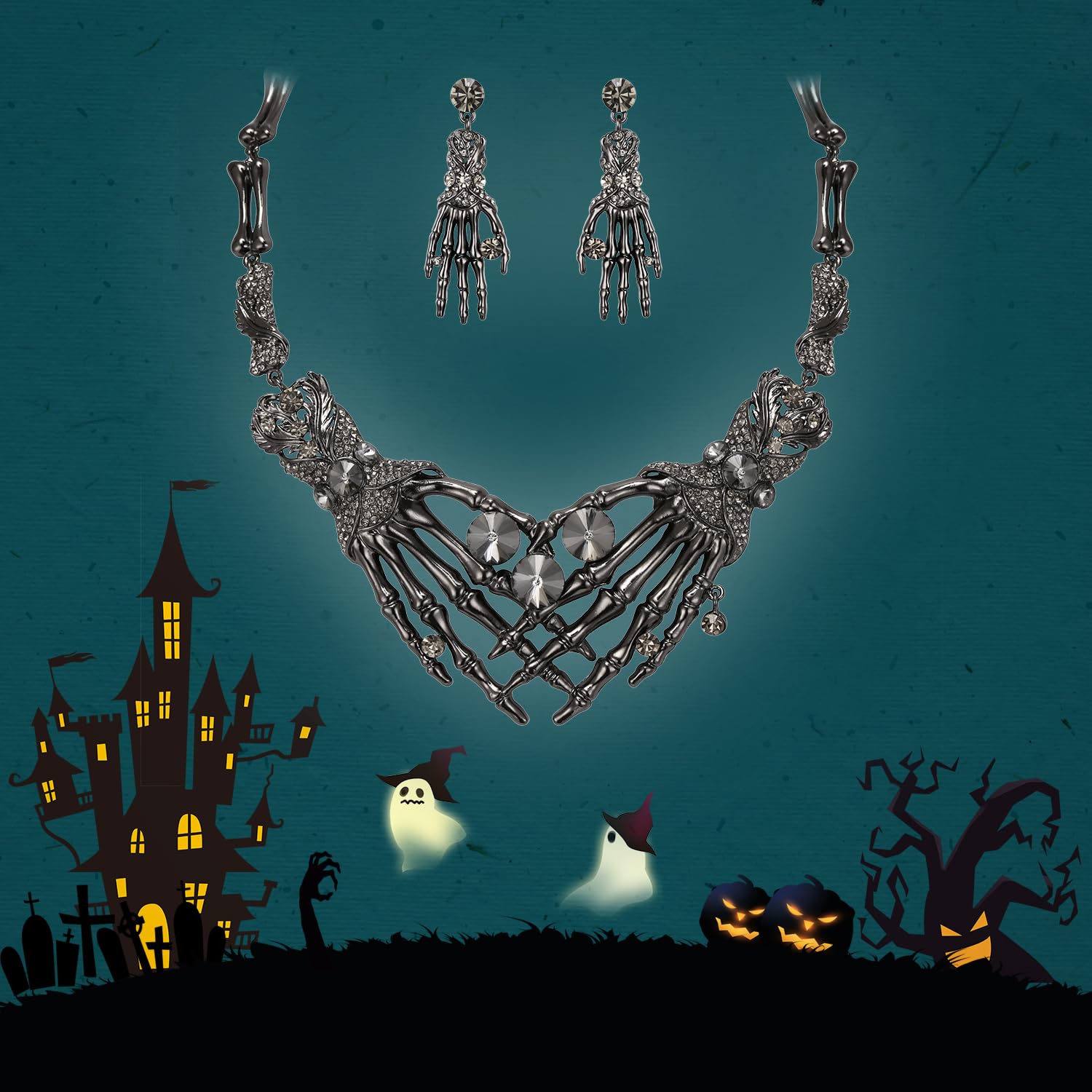 Gothic Halloween Jewelry Set – Gray Black-Tone Necklace & Earrings by Ever Faith