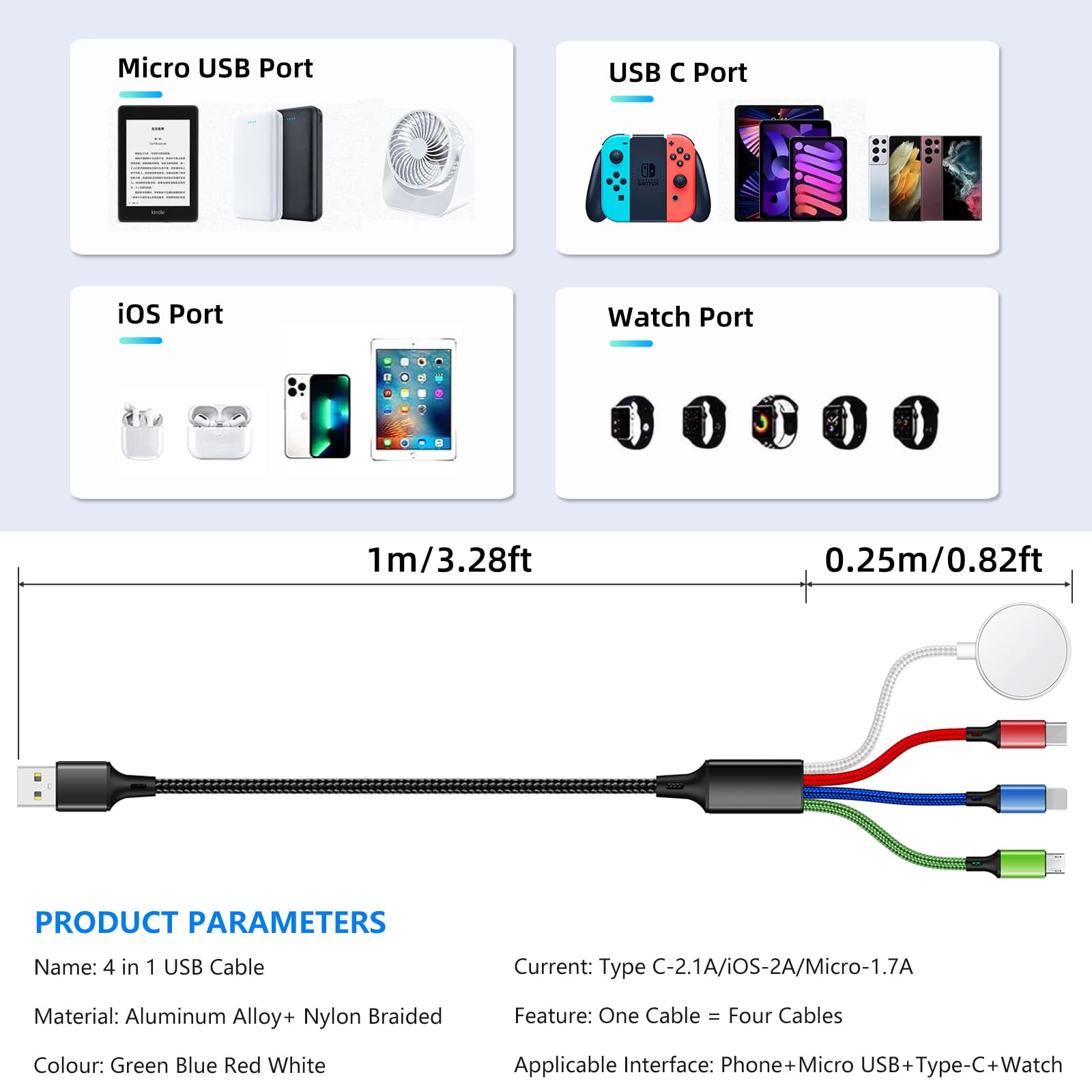 4-in-1 Universal Charging Cable with Apple Watch Charger – USB-C, Lightning & Micro USB Multi Cable (4FT)
