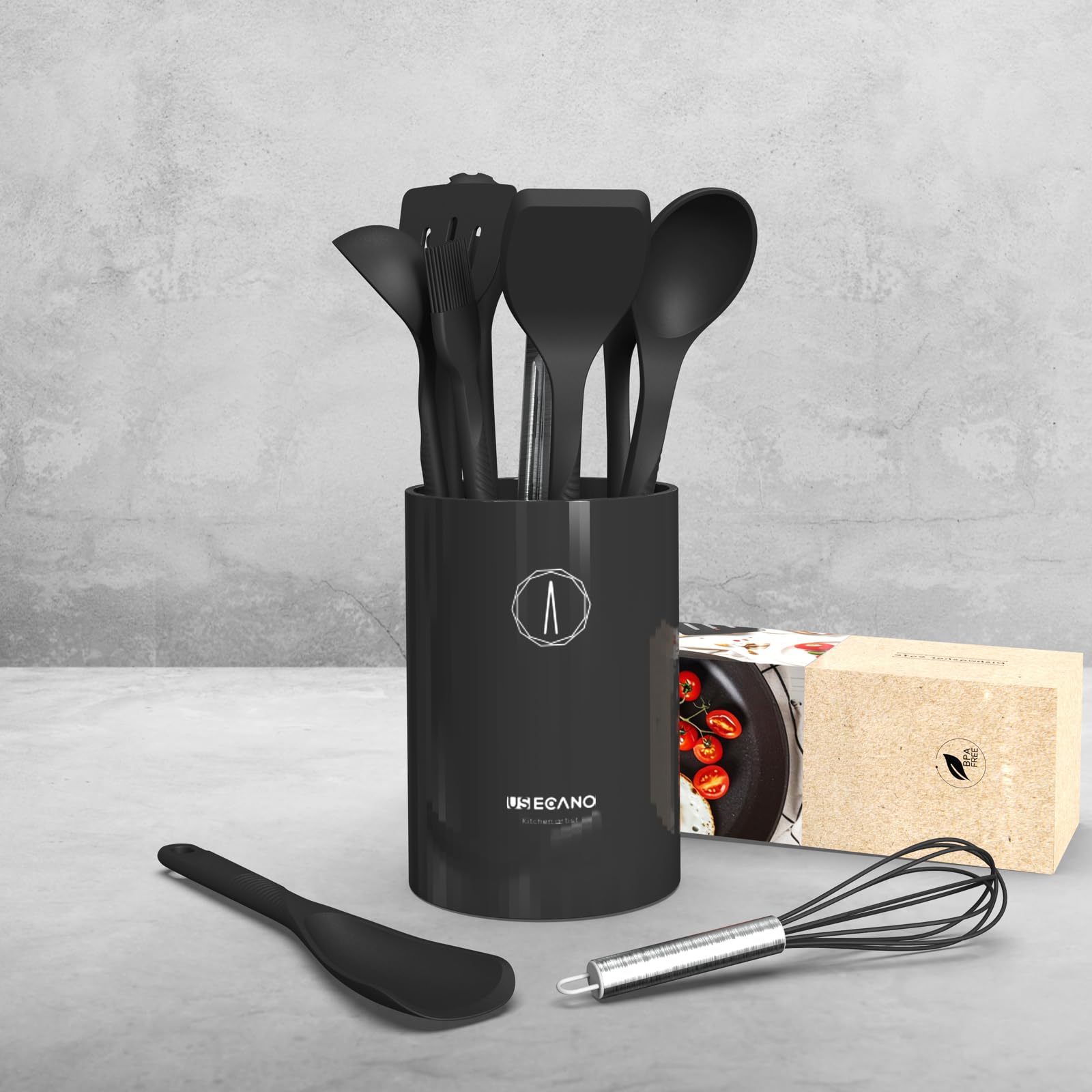 Heavy-Duty Silicone Kitchen Utensil Set with Stainless Steel Core – Heat Resistant 600°F (Black)