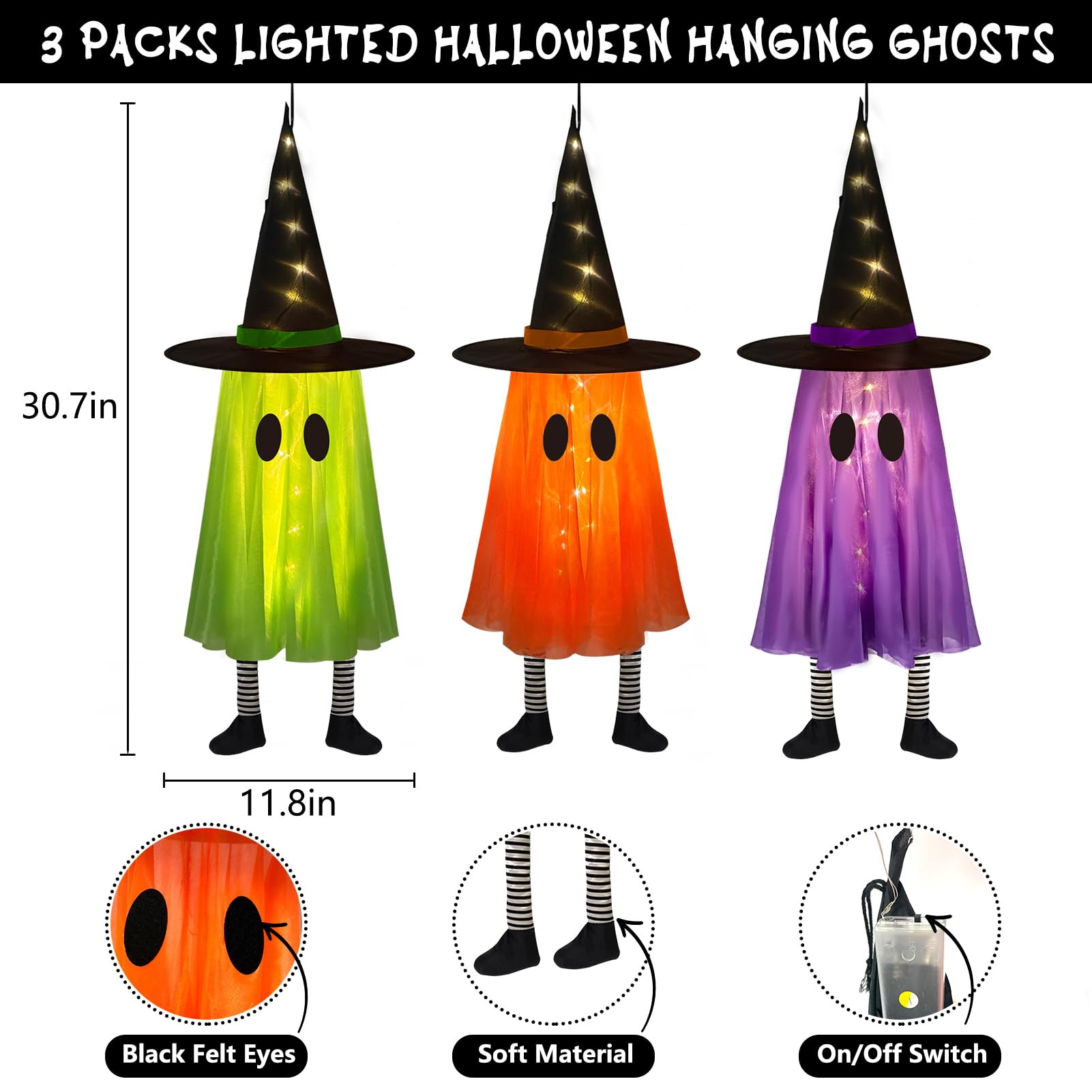 Hanging Light-Up Ghost Trio – 3-Piece Halloween Decoration Set with LED String Lights in Orange, Purple & Green