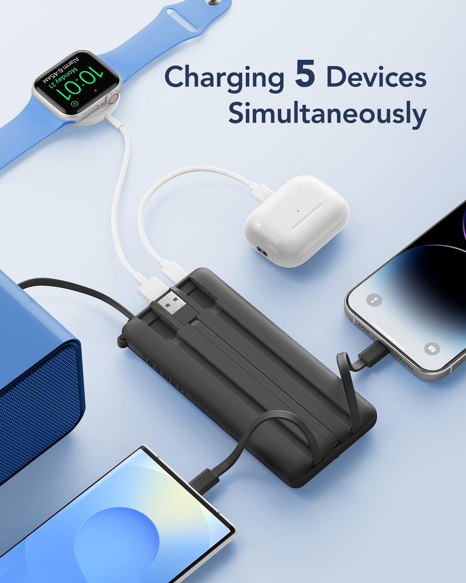 Ultra Slim 10000mAh Power Bank with Built-In Cables & LED Display – Fast Charging Portable Battery Pack (Black)