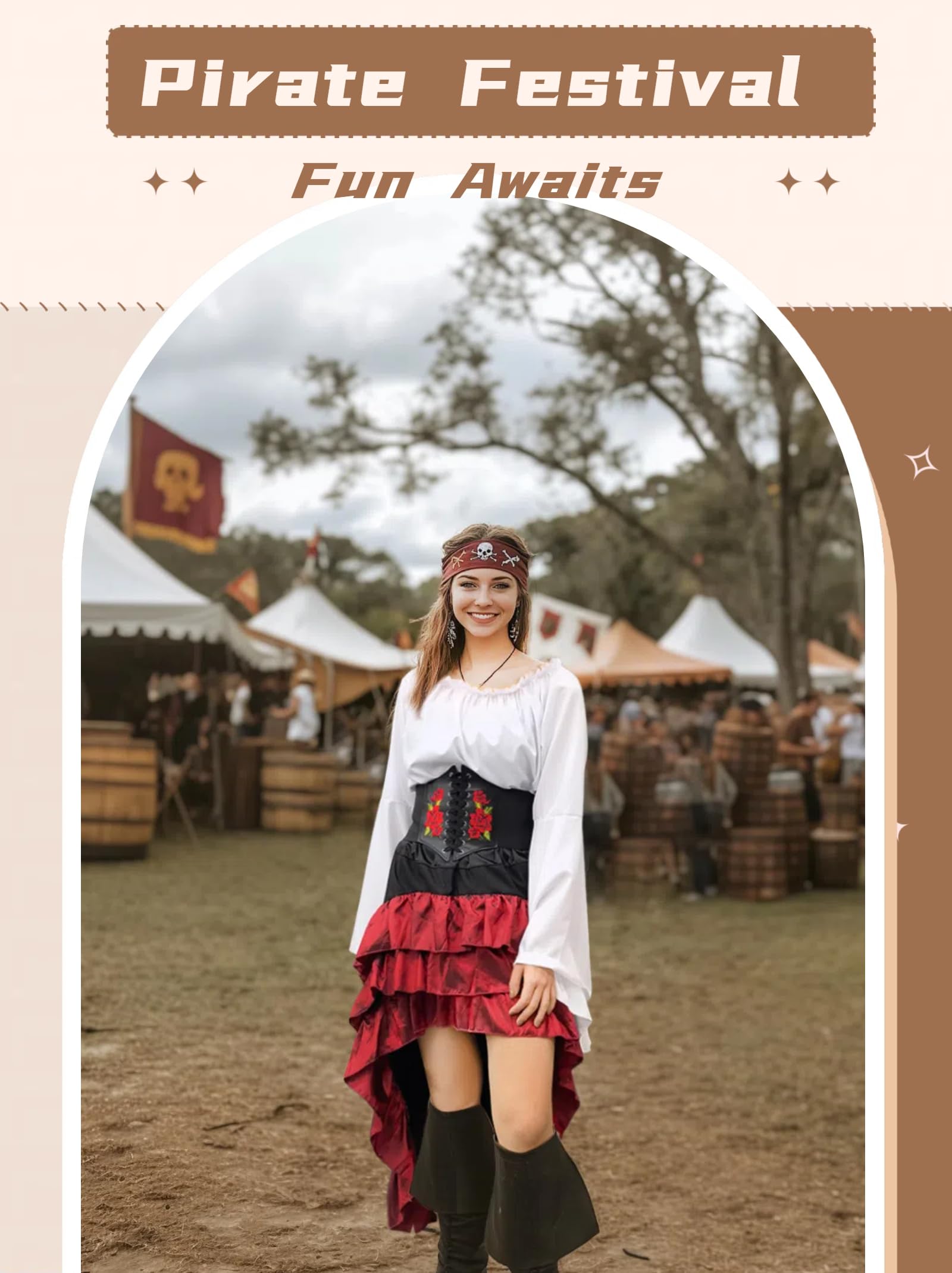 Women’s Renaissance Pirate Costume – White & Red 3-Piece Set with Off-Shoulder Blouse, High-Low Skirt & Corset Waist Belt