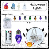 Colorful Halloween String Lights – 2 Pack 16.4FT Battery Operated LED Lights with Pumpkins, Skulls & Tombstones (8 Modes + Remote Control)