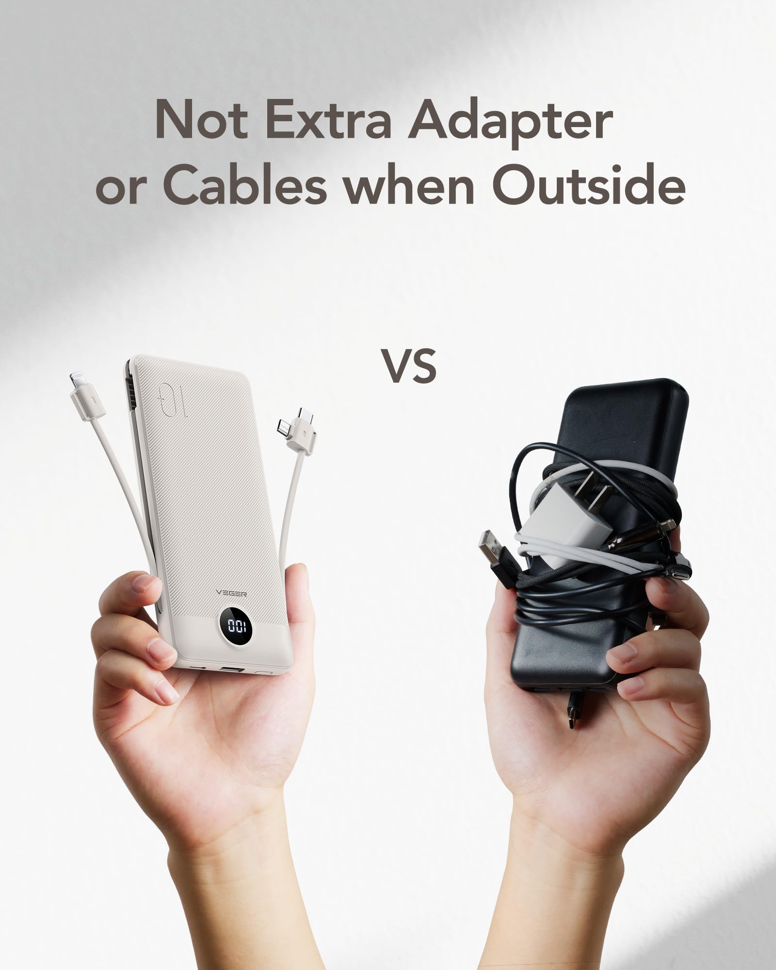 VEGER 10000mAh Portable Power Bank with Built-In Cables & AC Plug – Ultra Slim Fast Charging Travel Charger