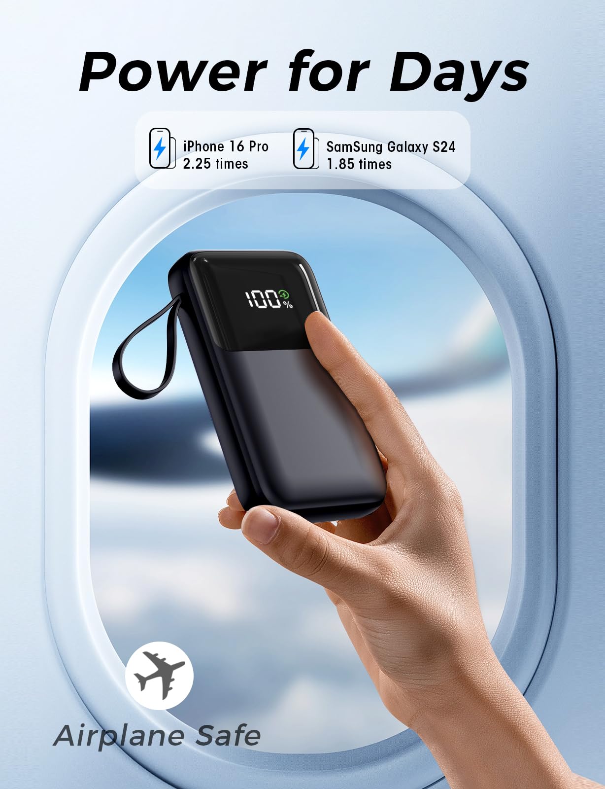22.5W Fast Charging Power Bank with Built-in Cables – Portable Charger with LED Display for iPhone, Samsung, Tablets & Travel Devices (Black)