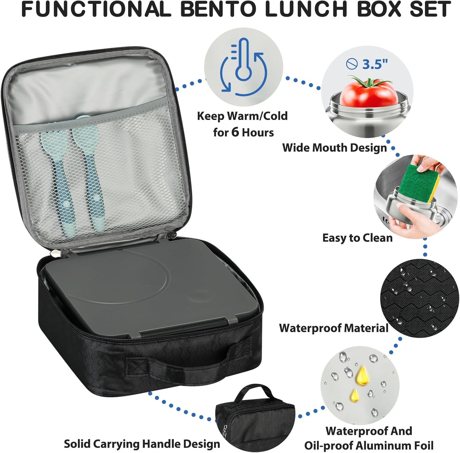 Black 4-Compartment Bento Set with 8 oz Food Jar