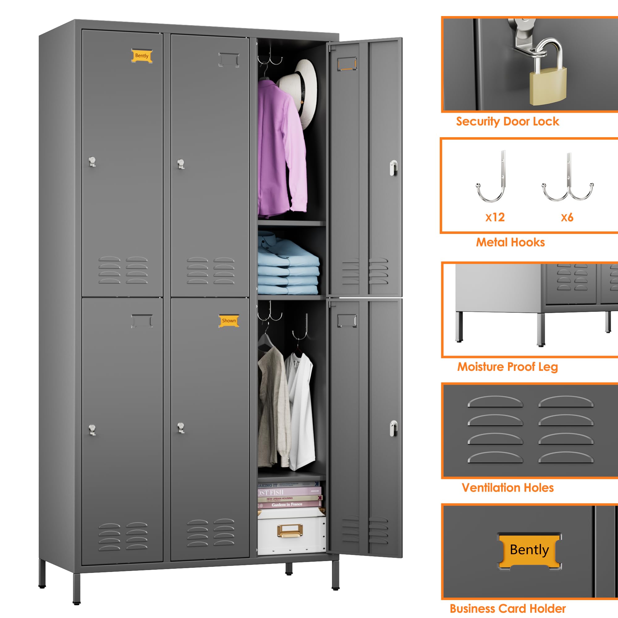 6-Door Metal Storage Locker – Heavy-Duty Employee Locker Cabinet with Hooks & Ventilation for Office, Gym & Home