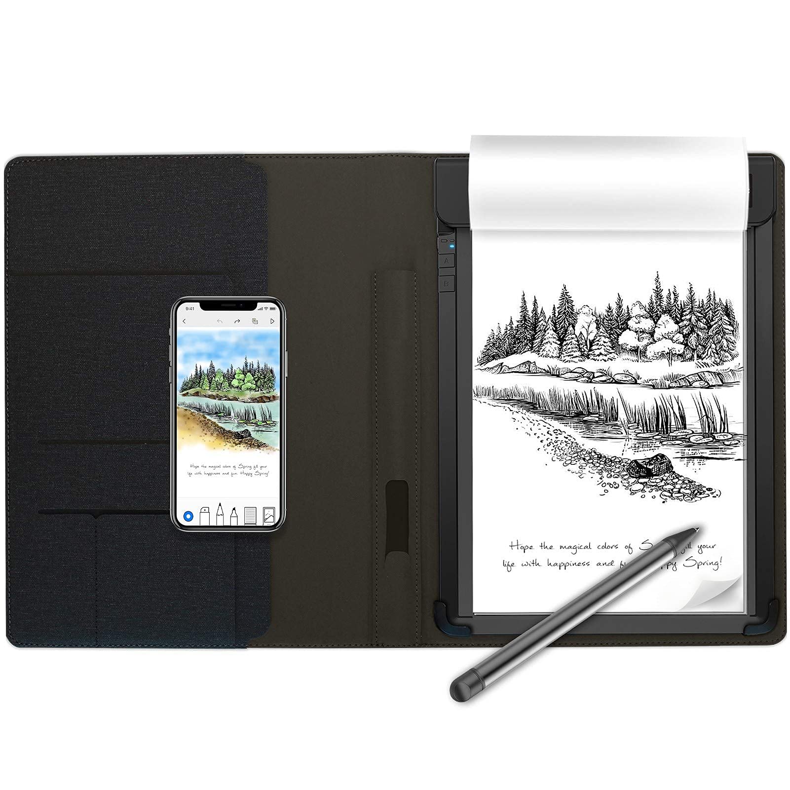RoWrite Smart Writing Pad with Pressure-Sensitive Pen – Real Ink Digital Capture Notebook (Black, A5)