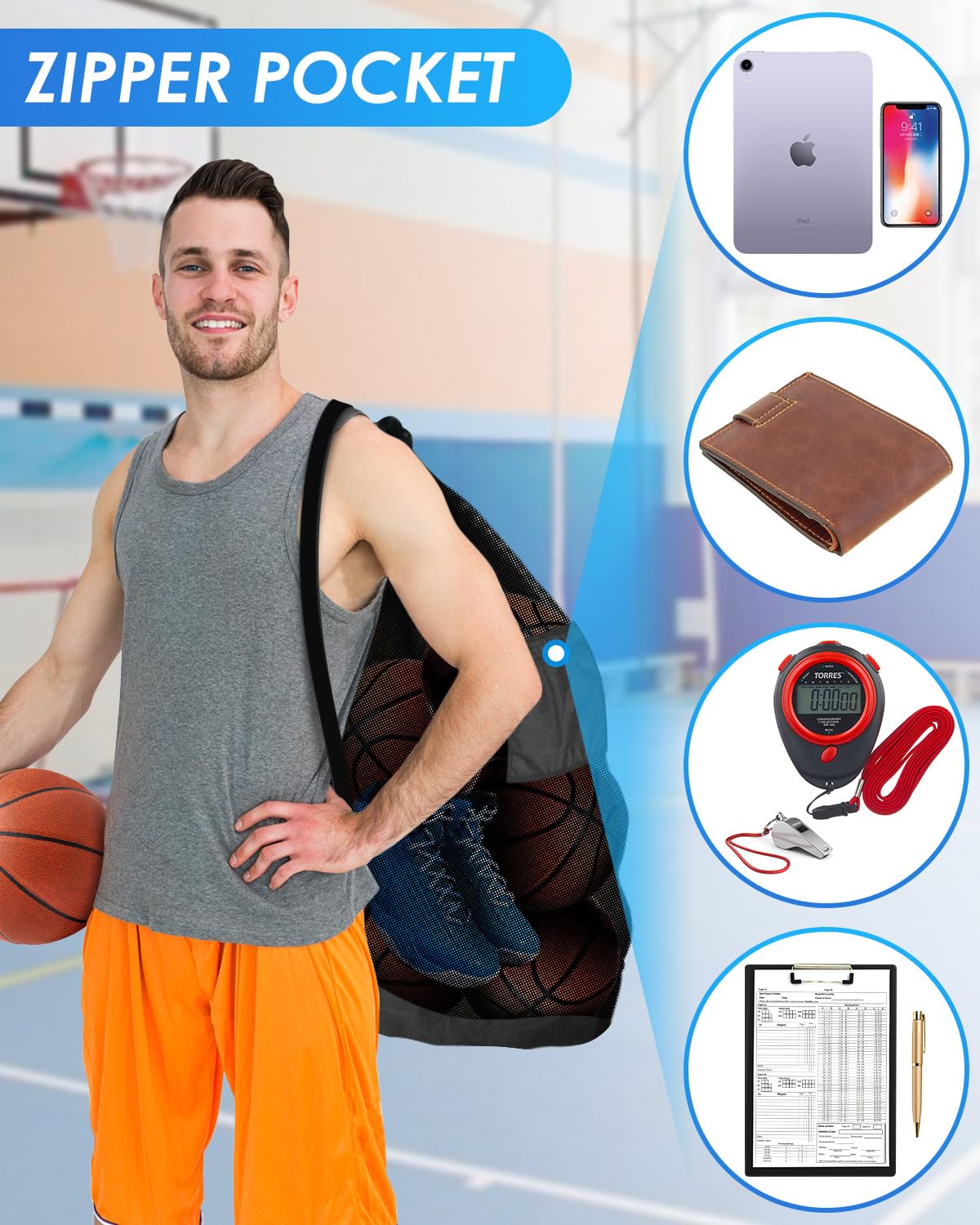 Heavy-Duty Mesh Soccer Ball Net Bag 100L – Large Capacity Drawstring Sports Equipment Storage with Zipper Pocket (Black)