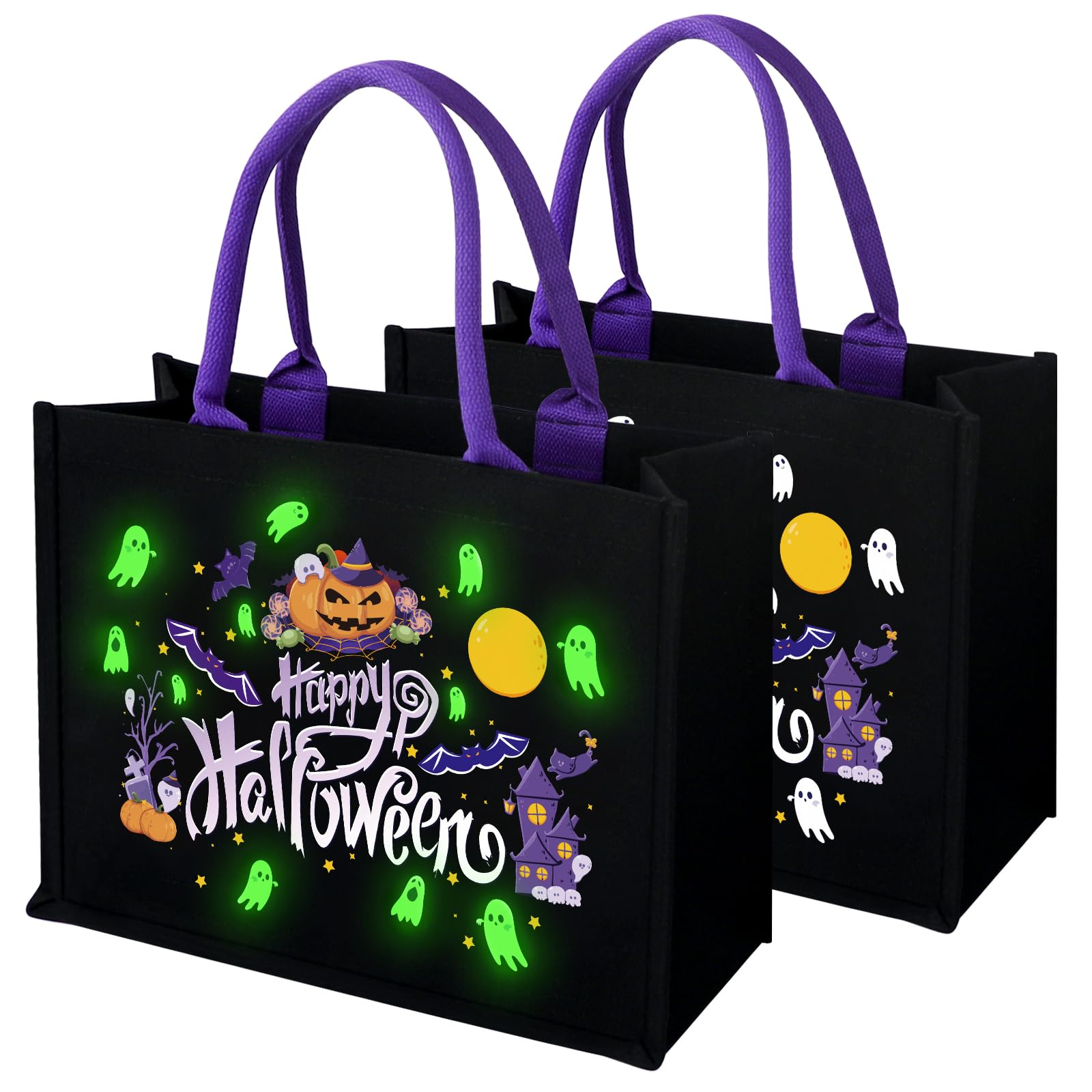 Glow-in-the-Dark Halloween Tote Bag – Large Black Canvas Trick-or-Treat Bag with Ghost & Pumpkin Design (Reusable)