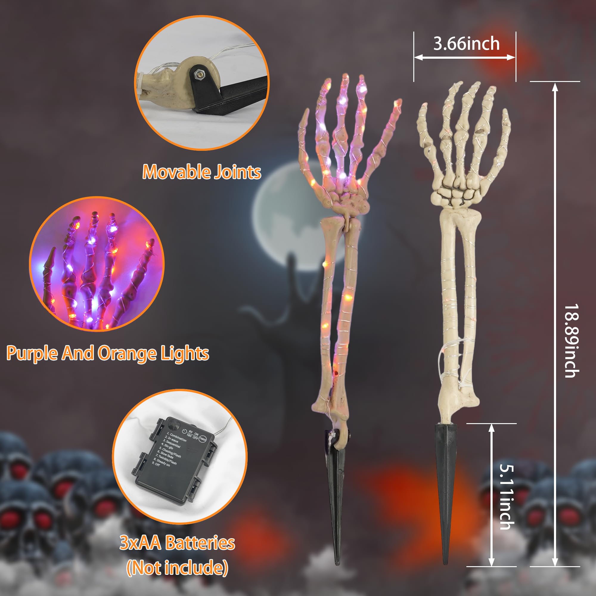 Purple & Orange Skeleton Arm Lights – Battery Powered Halloween Stakes with 8 Lighting Modes for Yard & Garden Décor