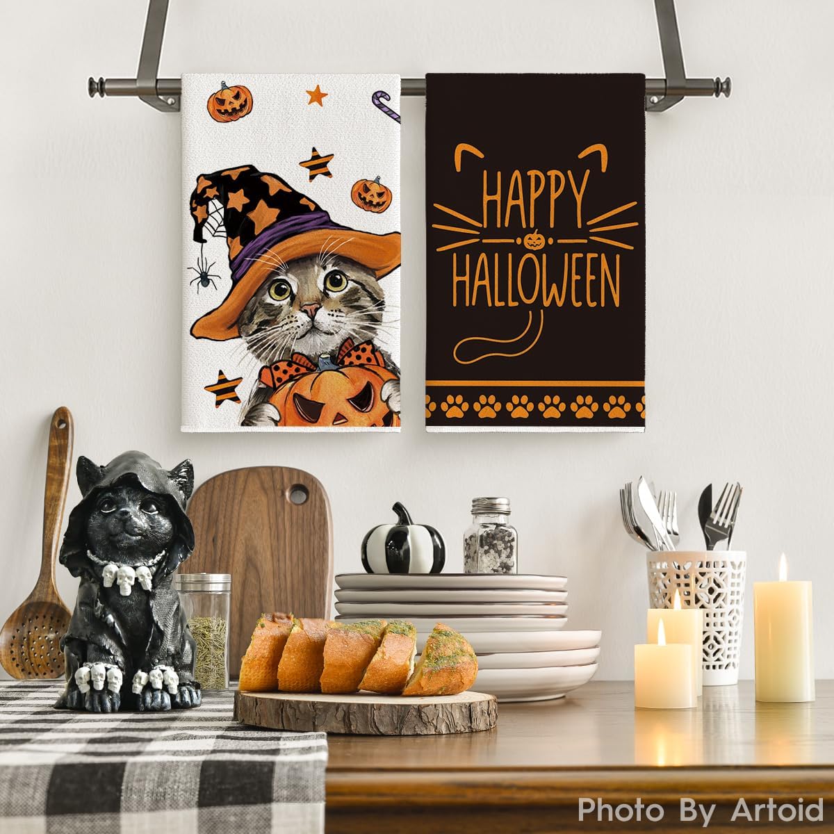 Artoid Mode Halloween Dish Towels – Set of 2 Black Kitchen Tea Towels (18x26") – Soft, Absorbent & Stylish Seasonal Décor