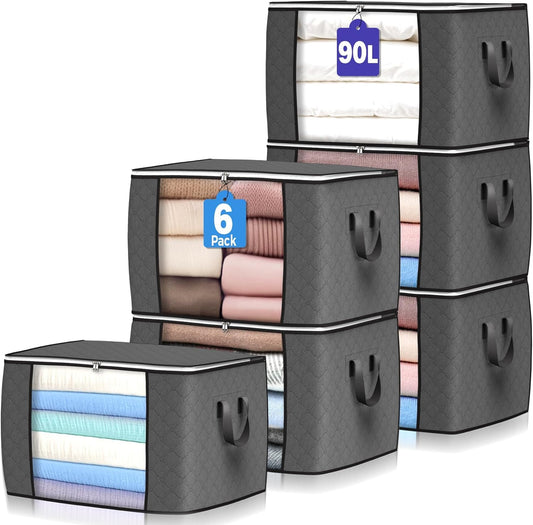 90L Large Fabric Storage Bags (6-Pack) – Foldable Closet Organizers with Reinforced Handles & Clear Window, Grey