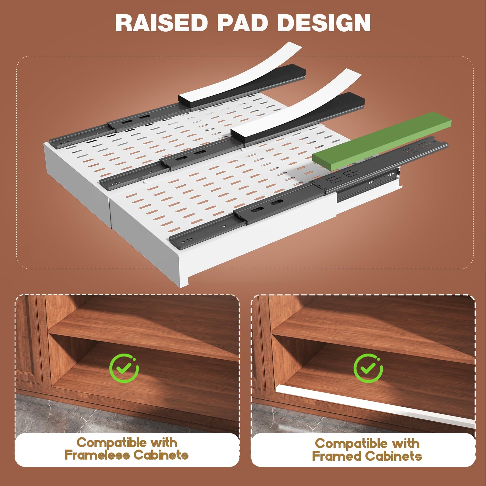 Expandable Pull-Out Cabinet Organizer – Adjustable Width & Depth Slide-Out Drawer with Raising Pads (White, 2-Pack)