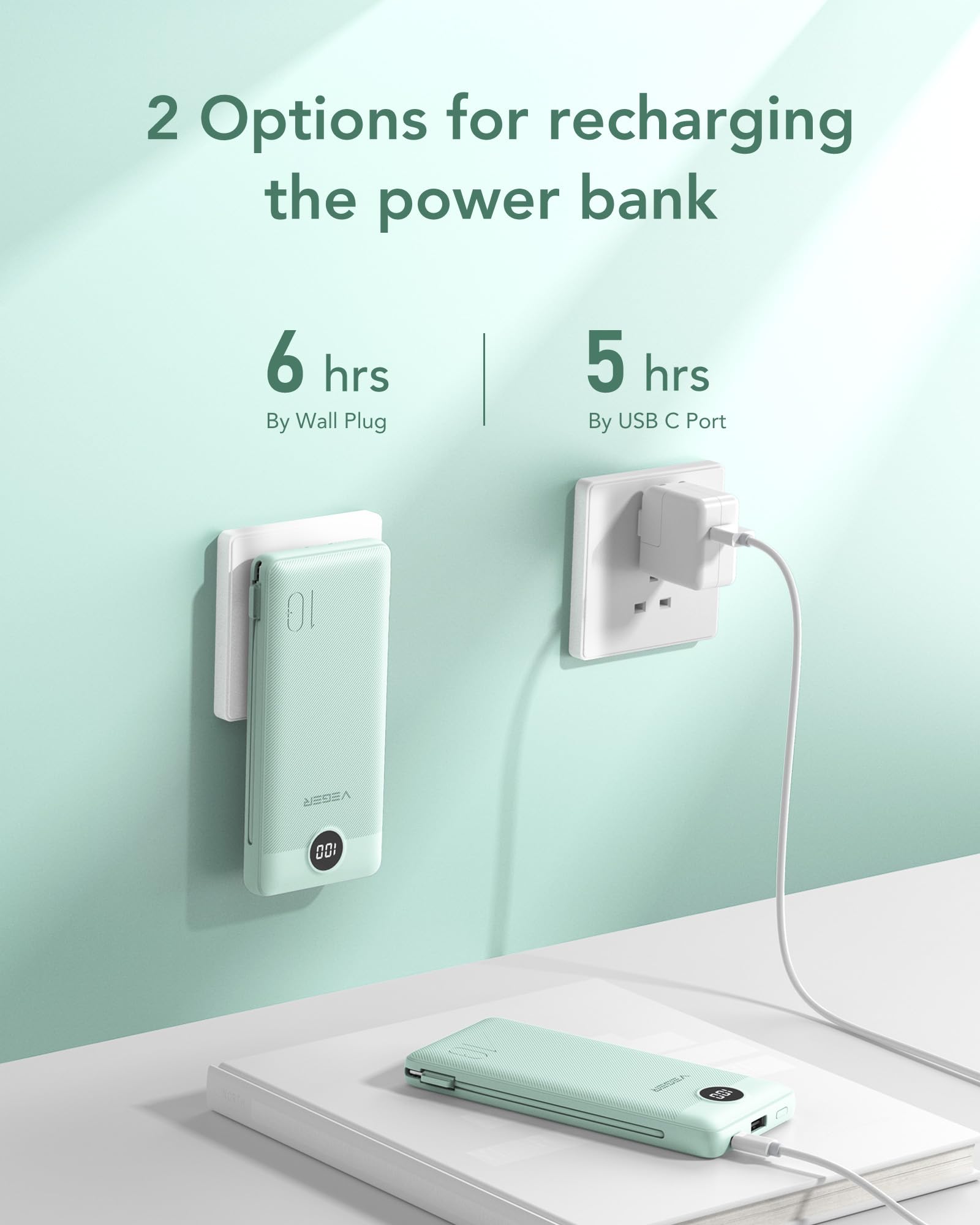 Slim 10000mAh Portable Charger with Built-In Cables & Wall Plug – Fast Multi-Device Power Bank