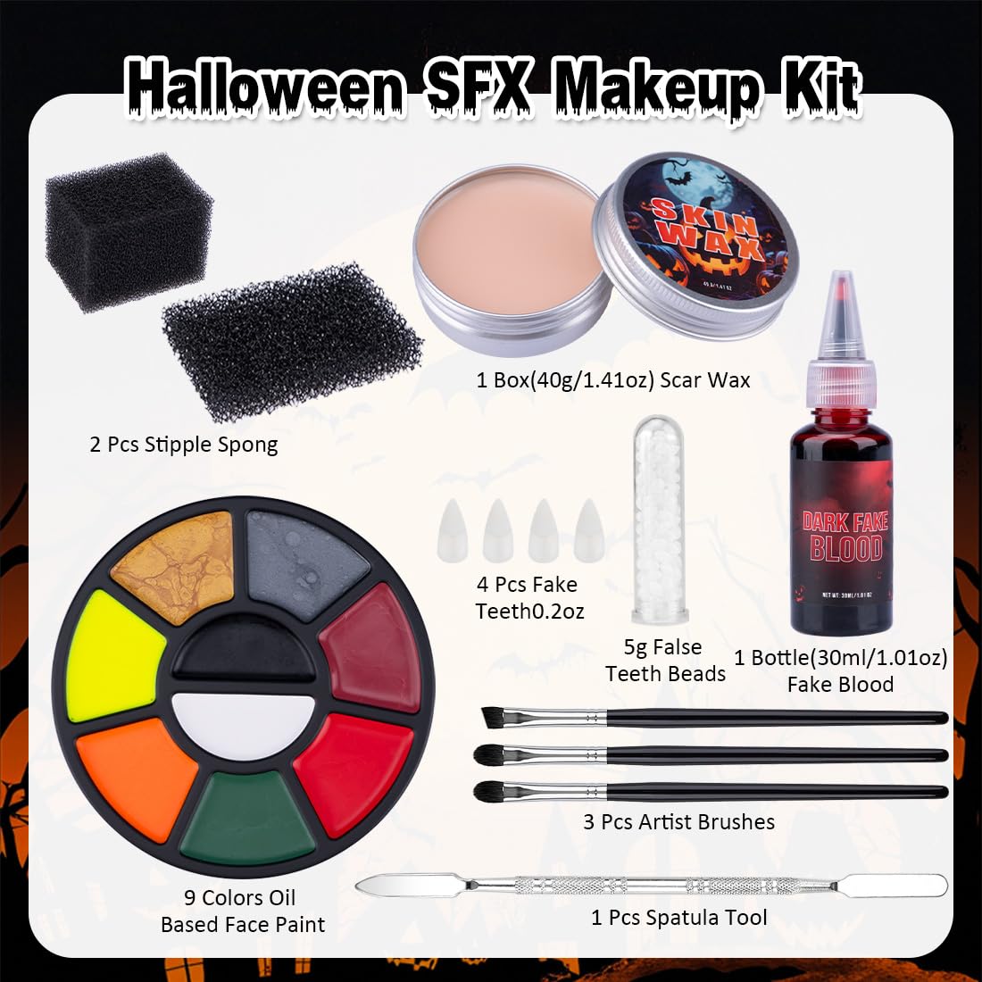 Halloween SFX Makeup Kit – Complete Special Effects Set with Fake Blood, Scar Wax, Bruise Palette & Vampire Teeth