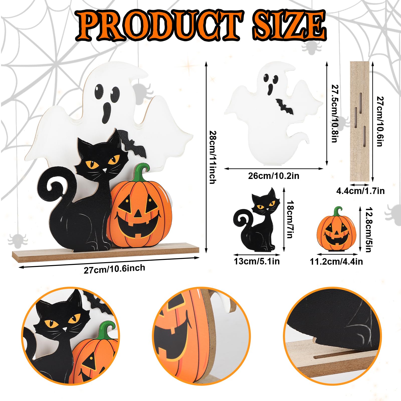 Rustic Wooden Halloween Decor Set – White Ghost, Black Cat & Plaid Pumpkin Tabletop Signs (3-Pack)