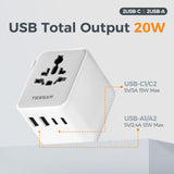 TESSAN 5-in-1 Universal Travel Adapter with Dual USB-C & 4 USB Ports, Worldwide International Plug Charger 2500W for Europe UK USA Australia – Grey 20W