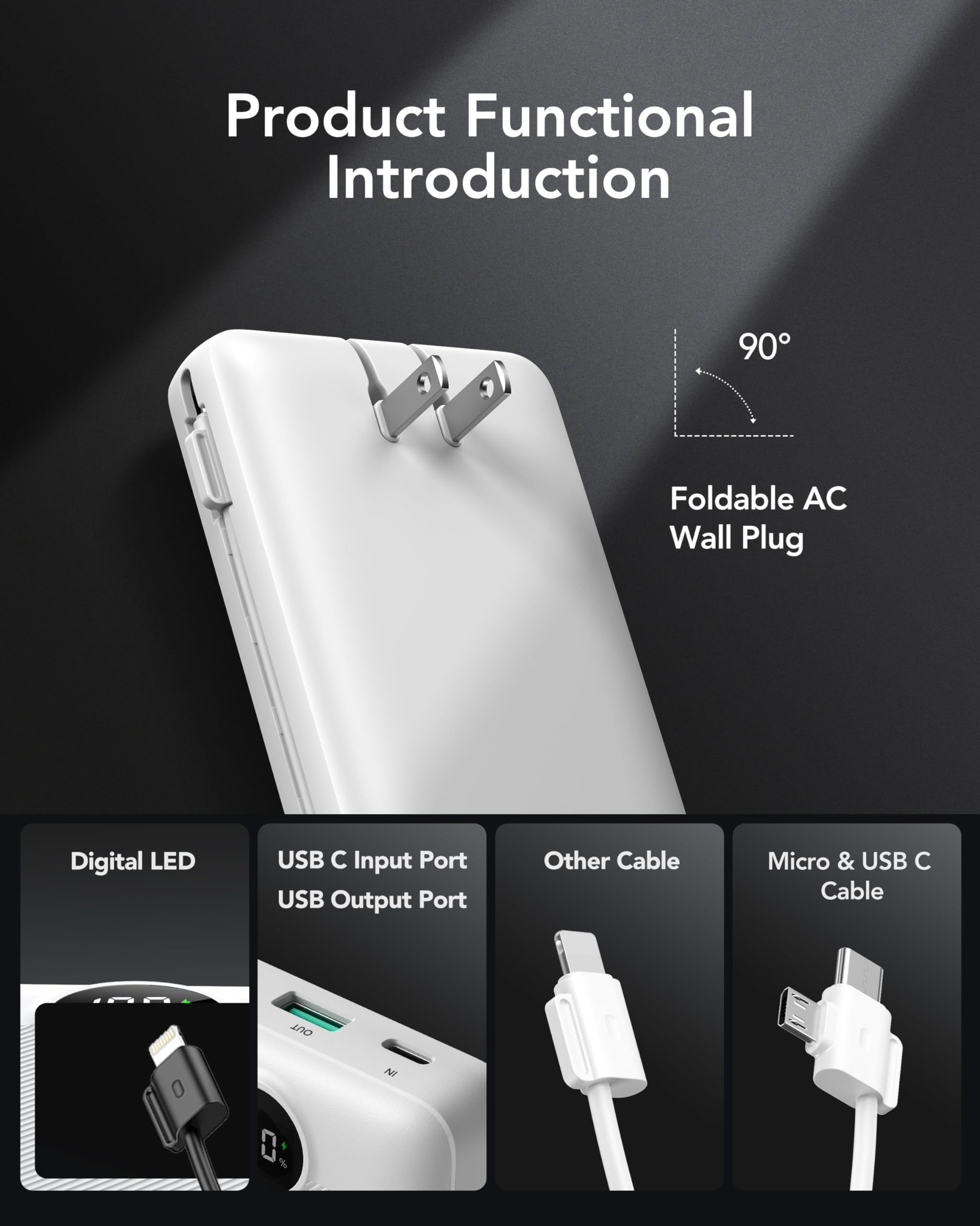 20000mAh Power Bank with Built-in AC Wall Plug & Cables – 22.5W Fast Charging Portable Charger with LED Display for iPhone, Samsung & USB Devices