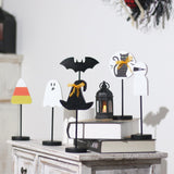 Set of 6 Wooden Halloween Table Centerpieces – Ghost, Bat, Black Cat & Witch Hat Decorations for Home & Party