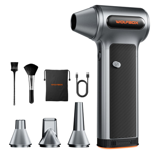 WOLFBOX MF200 Electric Air Duster with Removable Battery High-Speed Jet Blower 3-Speed Cordless Cleaning Tool with Nozzles & Brushes – Silver