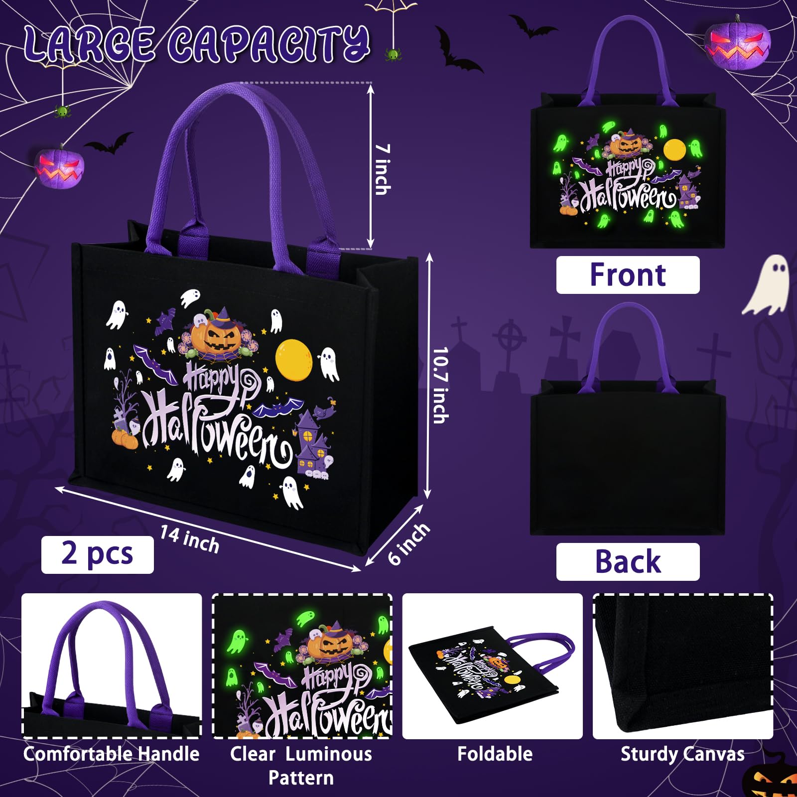 Glow-in-the-Dark Halloween Tote Bag – Large Black Canvas Trick-or-Treat Bag with Ghost & Pumpkin Design (Reusable)