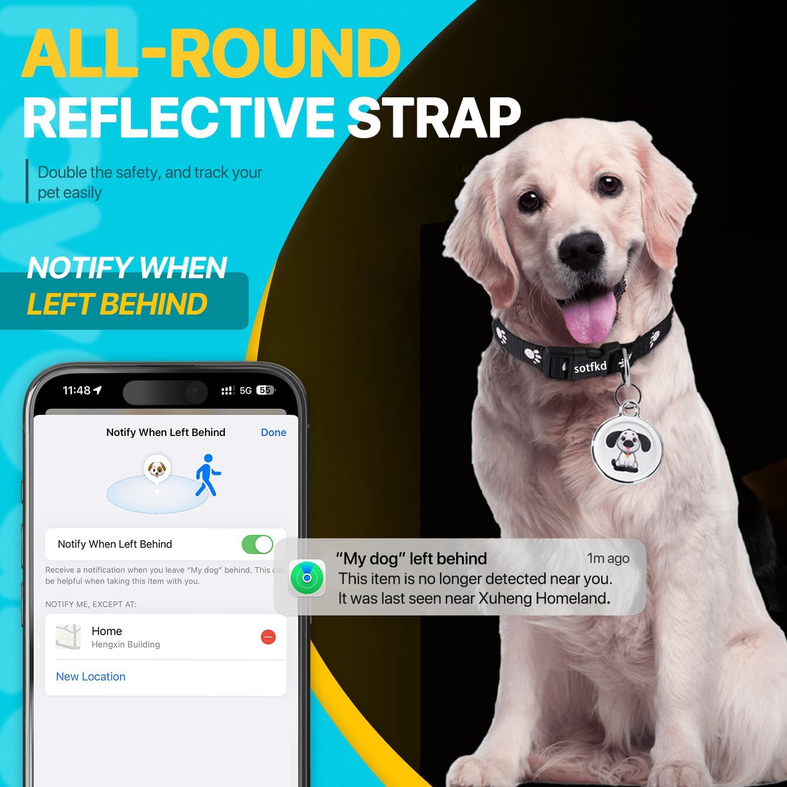 Smart Pet Tracker Collar Tag for Cats and Dogs Real-Time Locator No Monthly Fee iOS and Android Compatible
