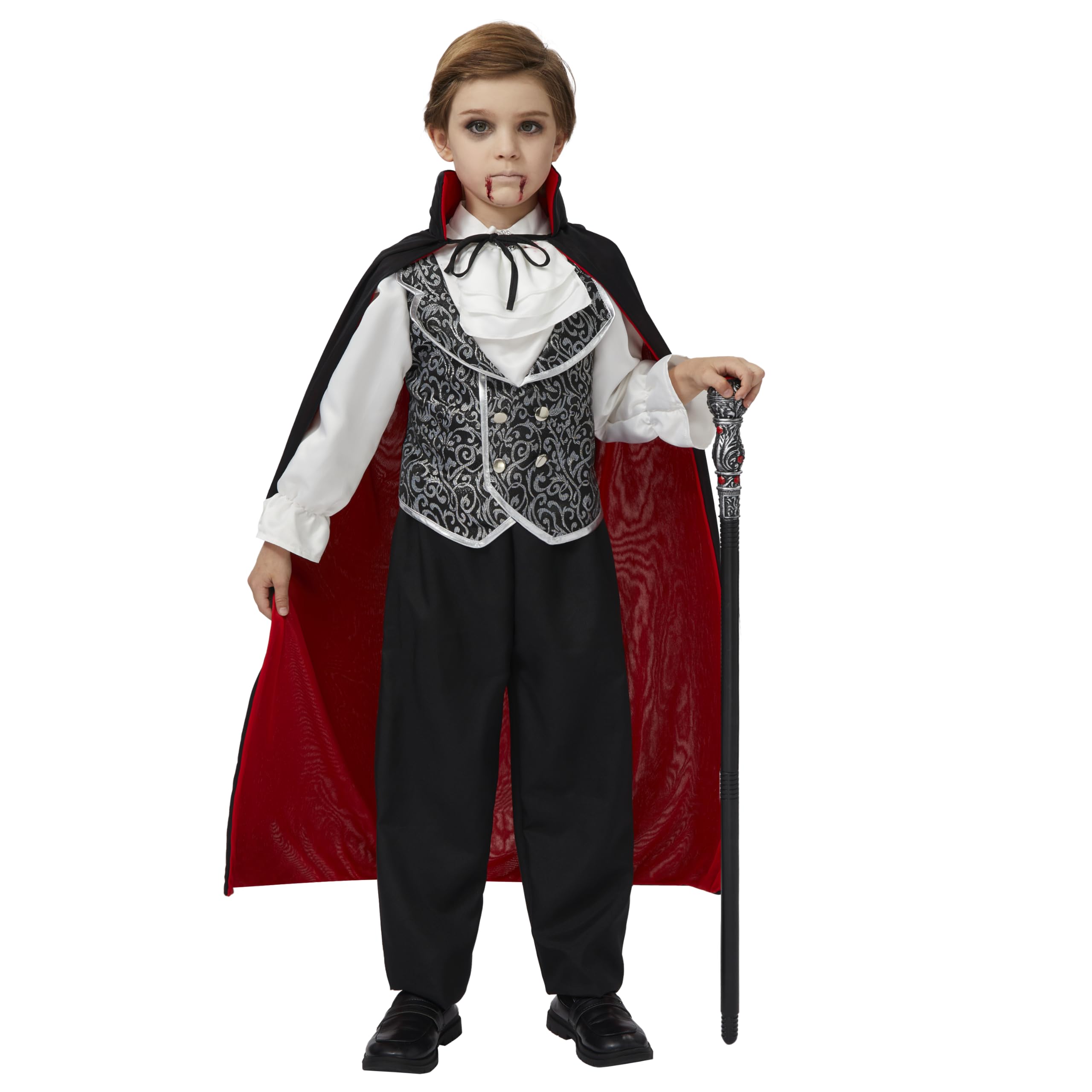 Unisex Vampire Costume with Cape & Tattoo Scar – Classic Black & Red Dracula Outfit for Kids & Adults