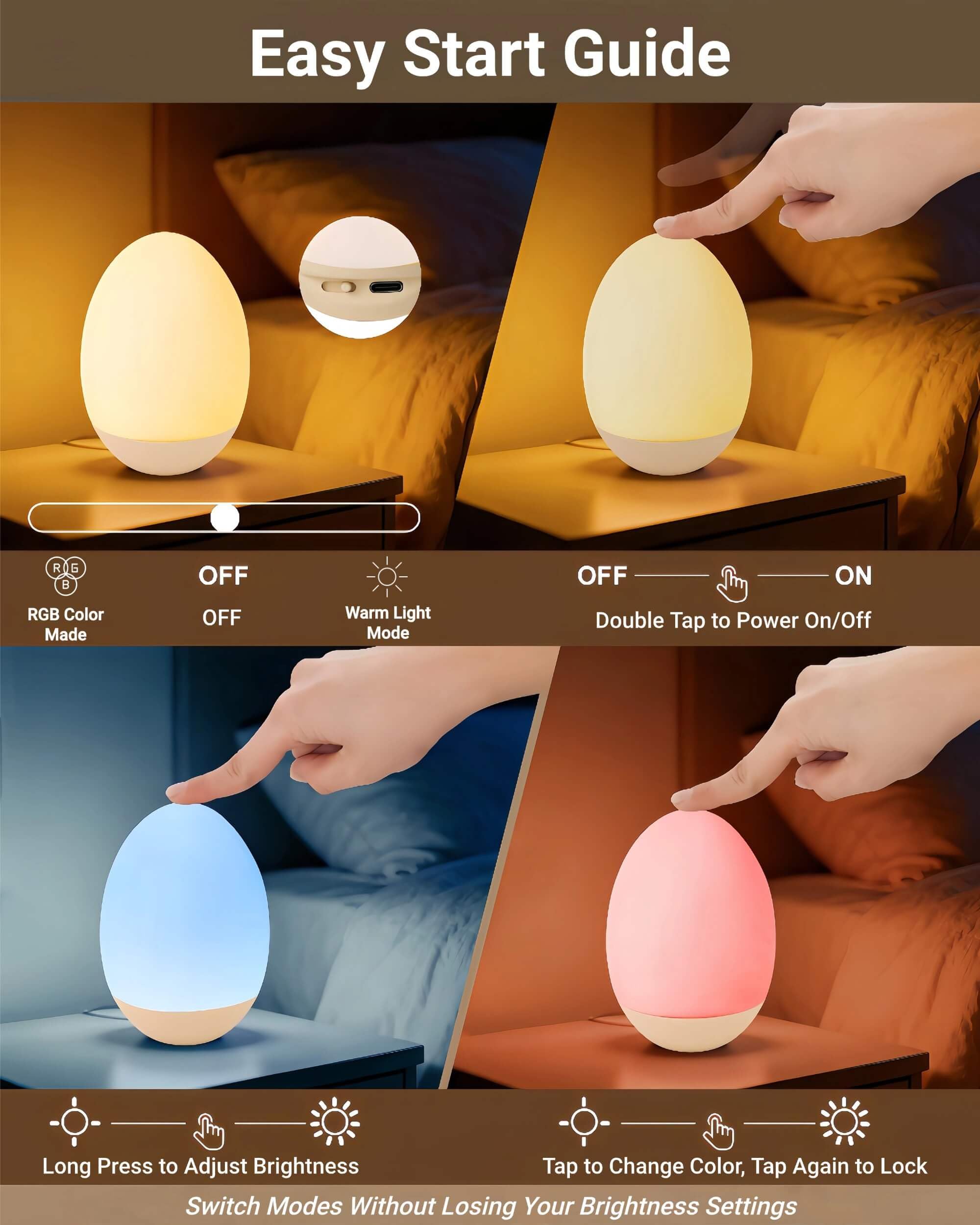Rechargeable Egg Night Light for Baby Nursery – Touch Control RGB Dimmable Silicone Lamp for Kids & Breastfeeding