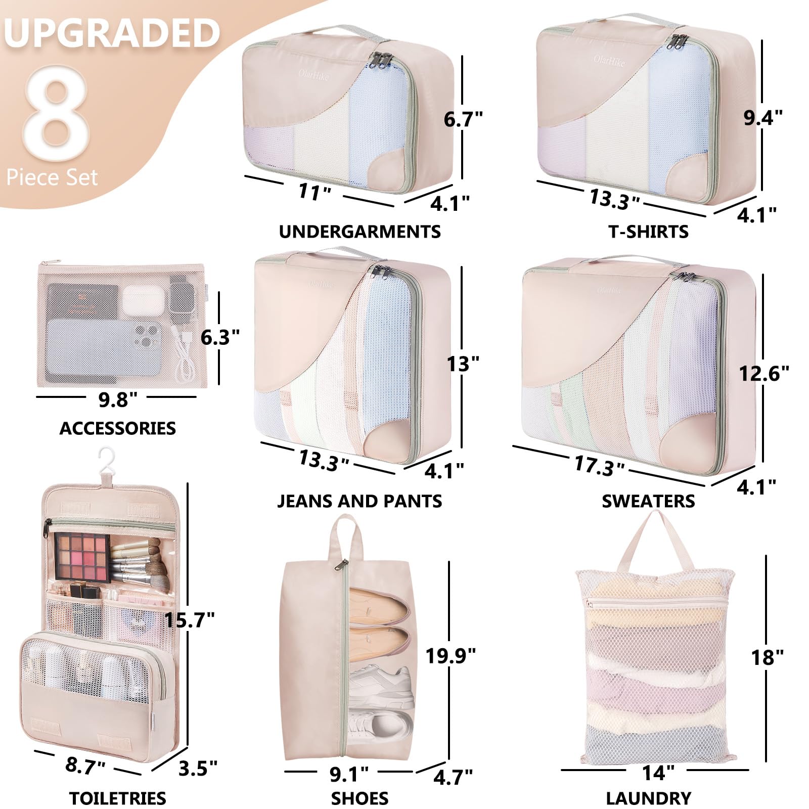Travel Packing Cubes Set with Hanging Toiletry Bag – Durable Luggage Organizers with Mesh Panels