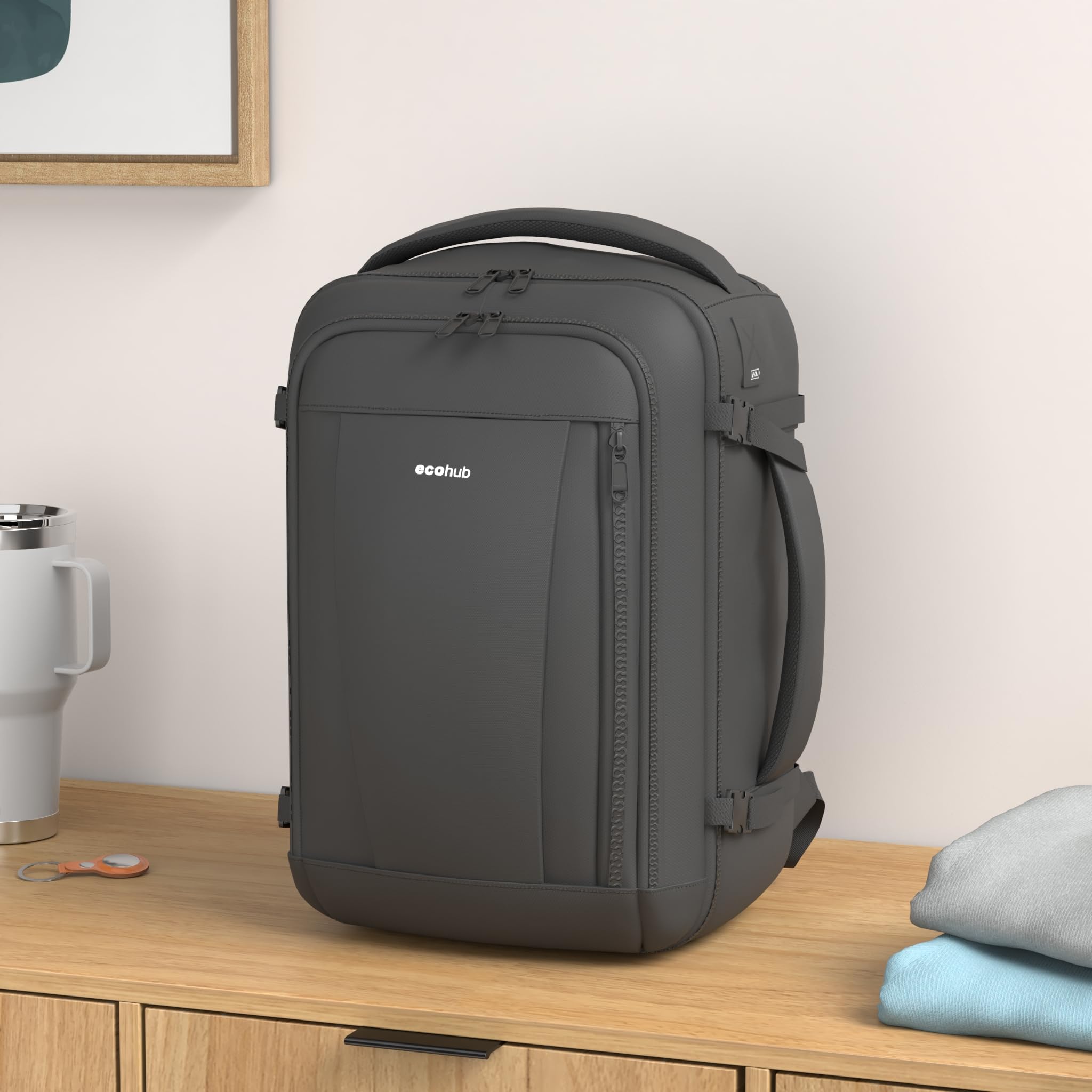 ECOHUB 30L Carry-On Travel Backpack – 18×14×8 Personal Item with USB Port for Flights