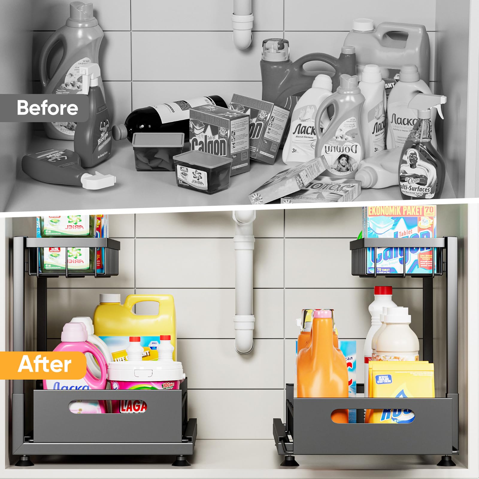 L-Shaped Under Sink Organizer – 2-Tier Heavy-Duty Metal Pull-Out Storage with Adjustable Height (Black, 2-Pack)