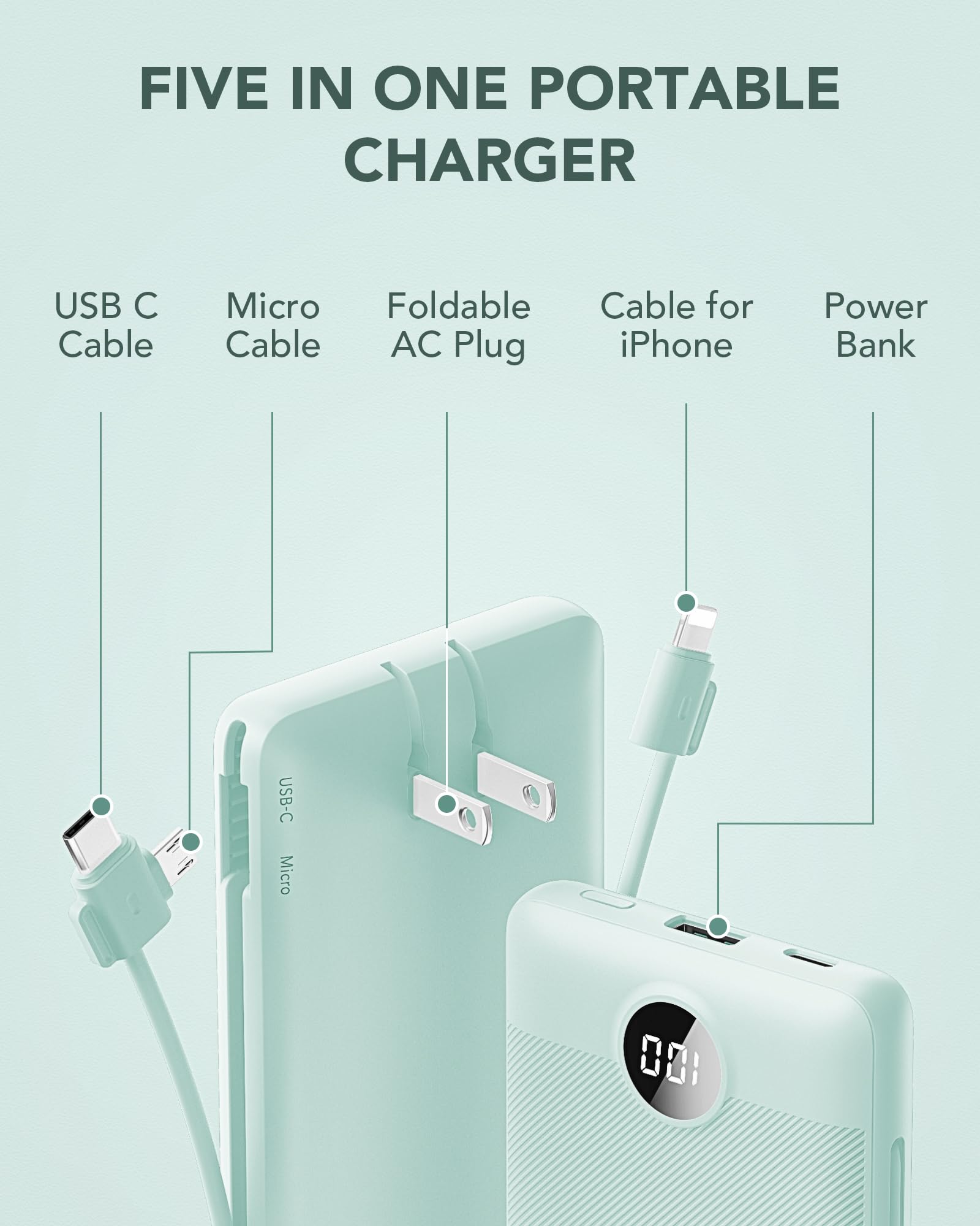 10000mAh Portable Power Bank with Built-in AC Wall Plug & Multi Cables – Ultra Lightweight Fast Charging Travel Battery Green