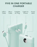 10000mAh Portable Power Bank with Built-in AC Wall Plug & Multi Cables – Ultra Lightweight Fast Charging Travel Battery Green