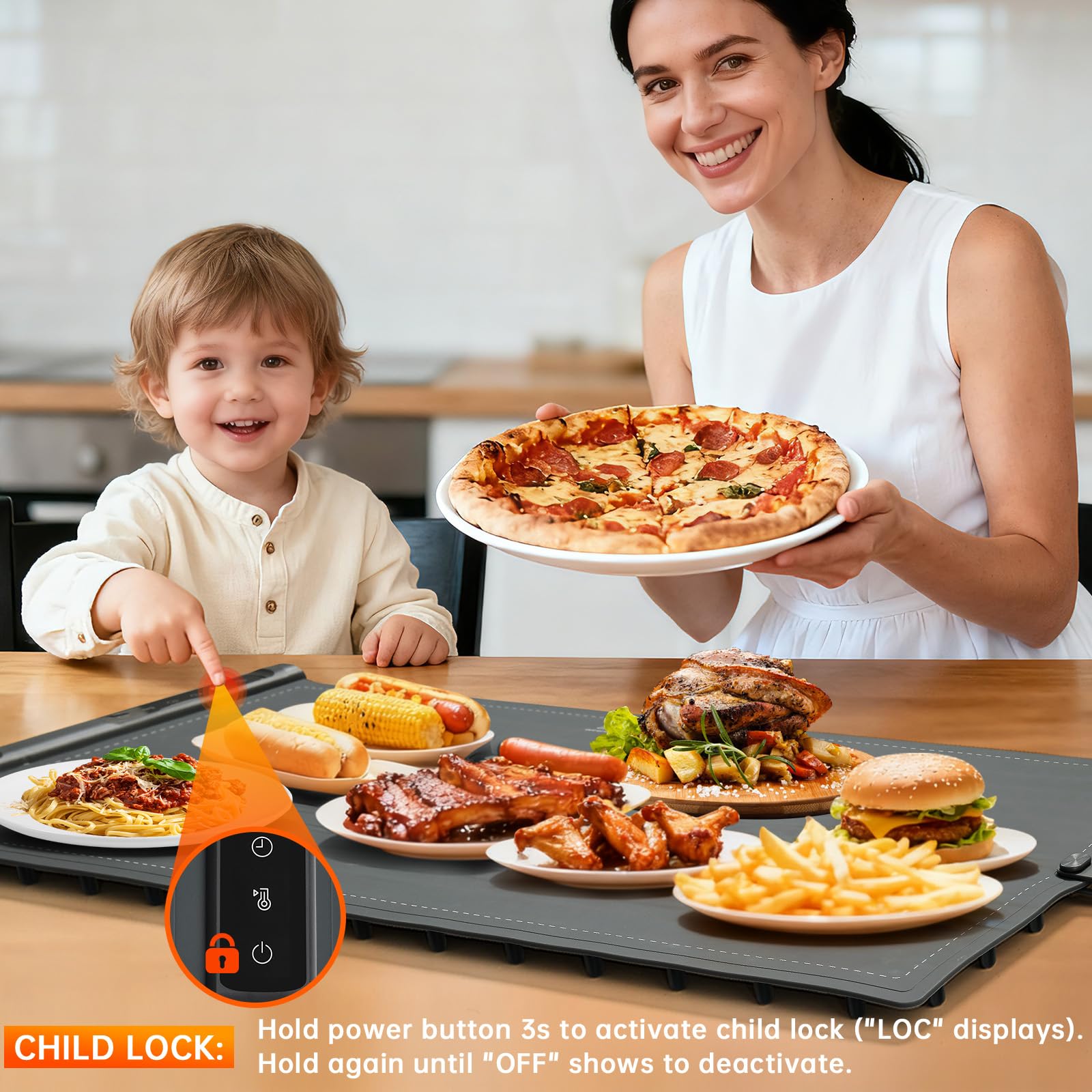 Extra-Large Electric Food Warming Mat with Timer – 9 Heat Levels, Child Lock & Even Heating